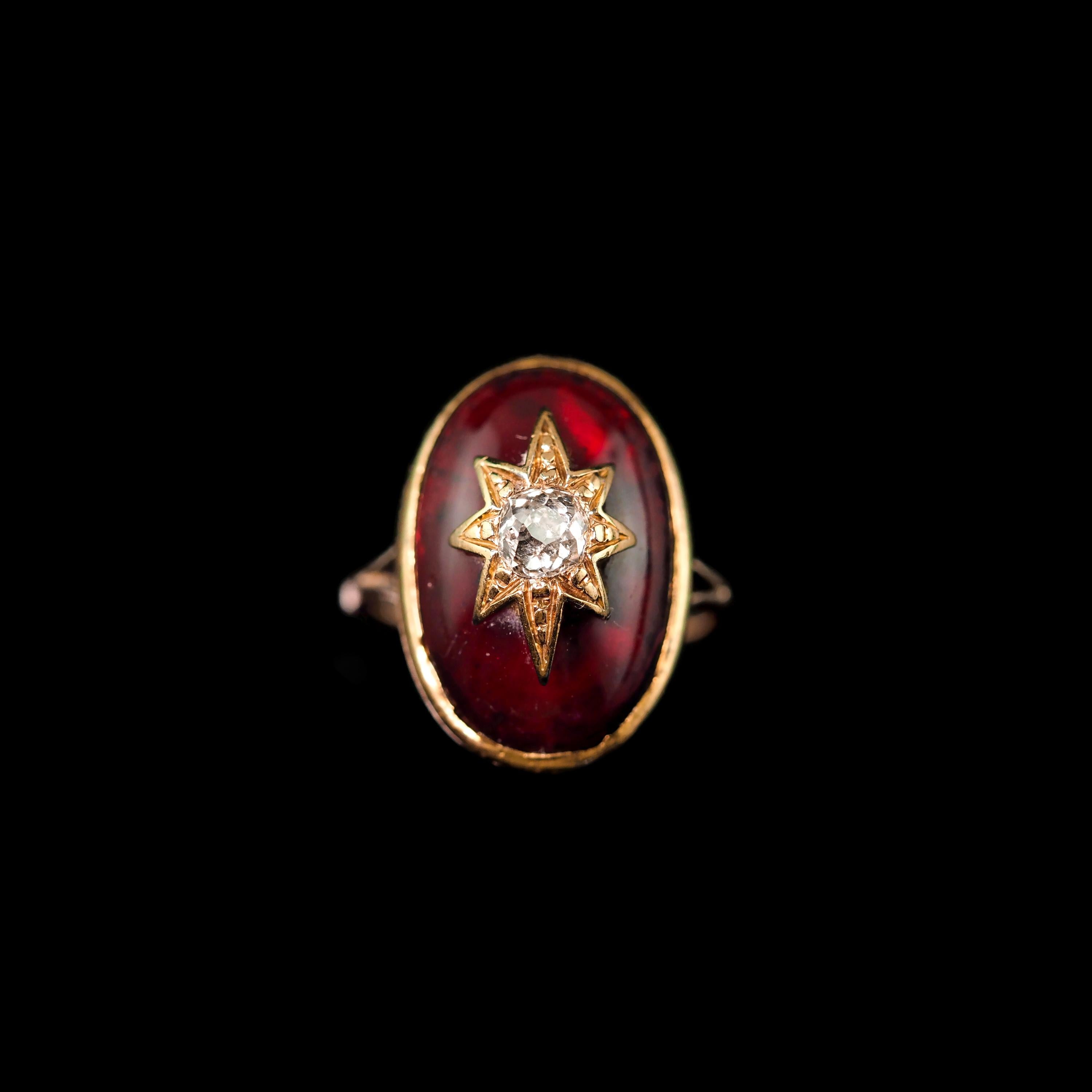 Women's or Men's Antique Victorian 18k Gold Garnet Cabochon & Diamond Star Ring - C.1860
