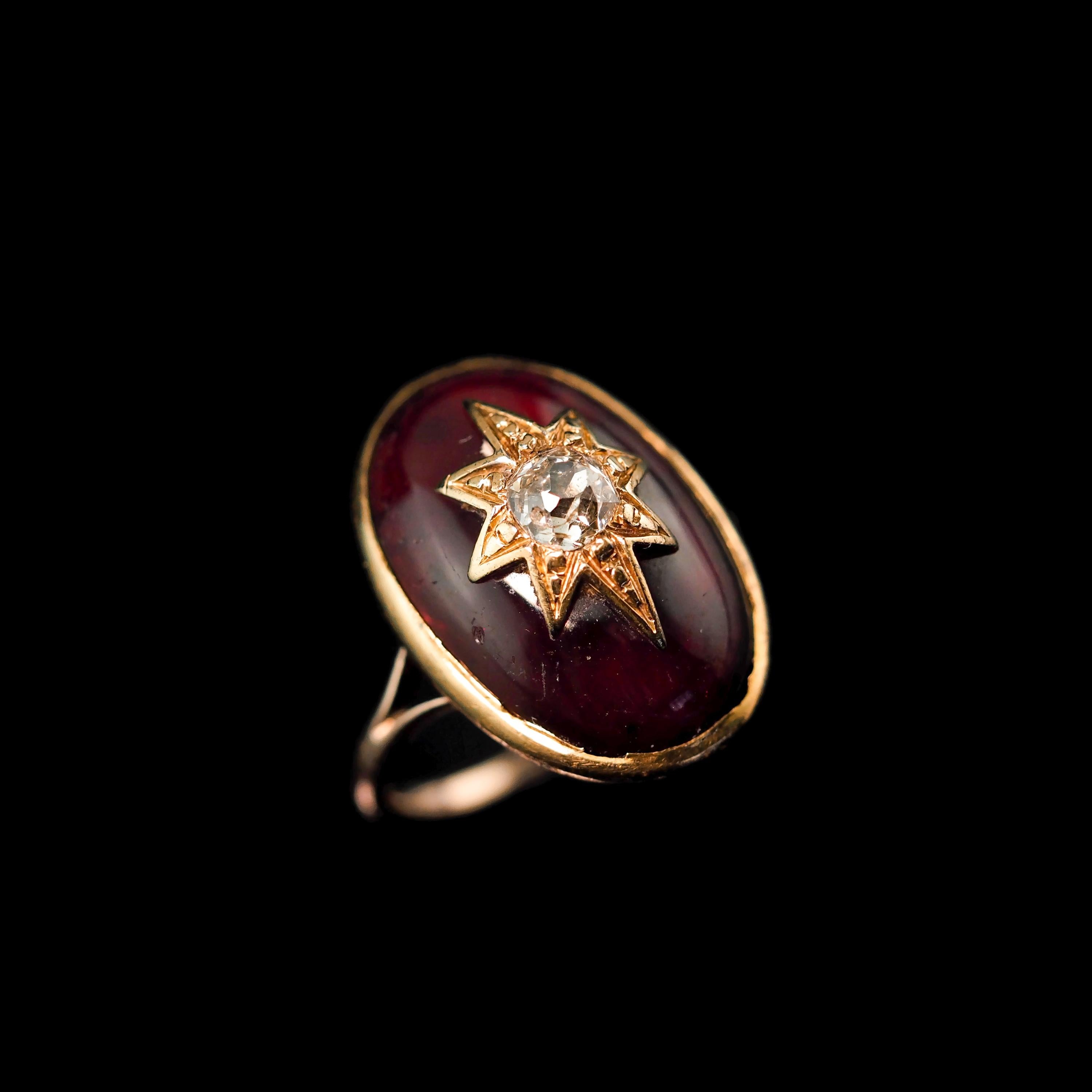 Antique Victorian 18k Gold Garnet Cabochon & Diamond Star Ring - C.1860 1