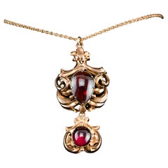 Antique Victorian 18k Gold Garnet Cabochon Necklace, C.1840