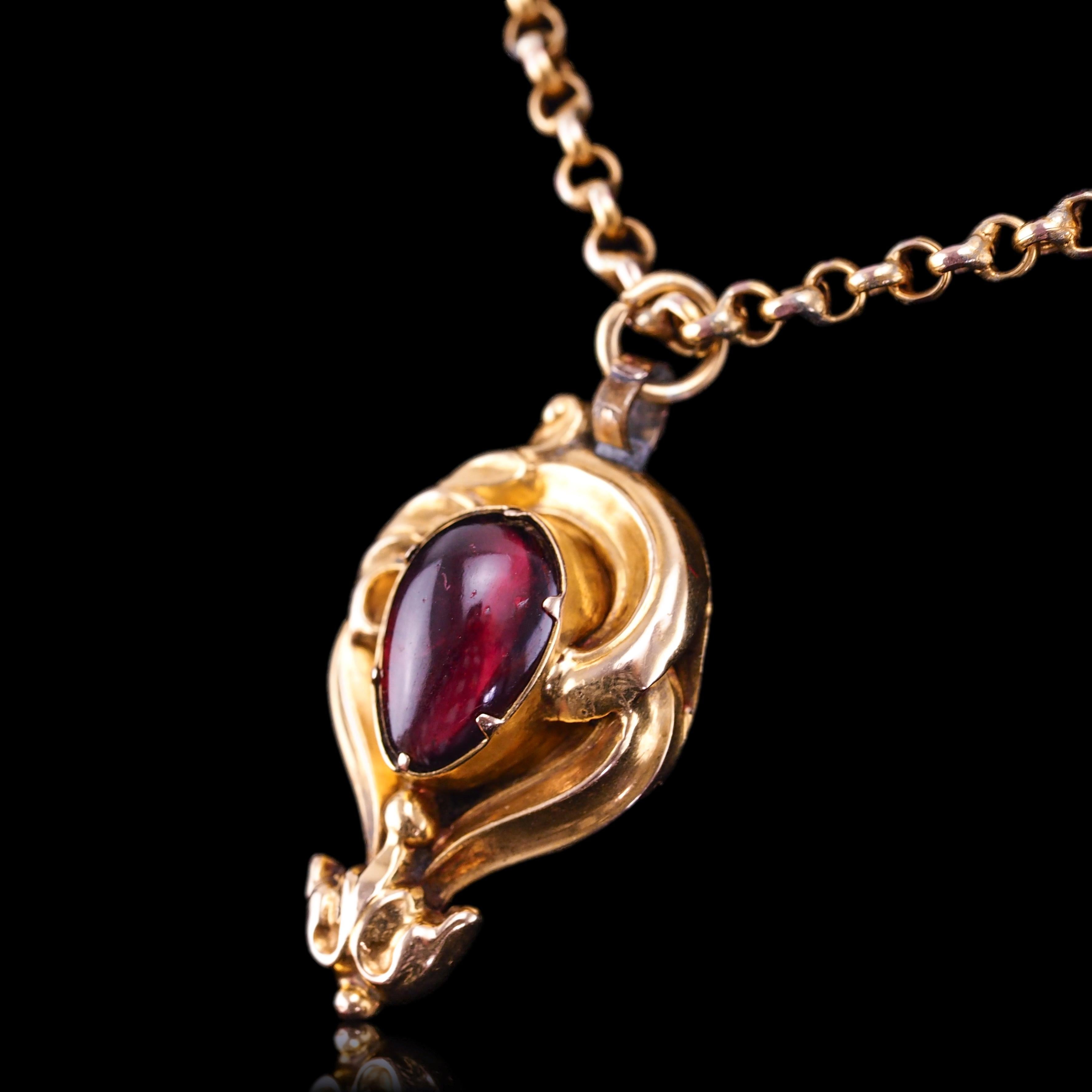 Antike viktorianische Halskette mit Anhänger aus 18 Karat Gold mit Granat-Cabochon-Anhänger - um 1840 6