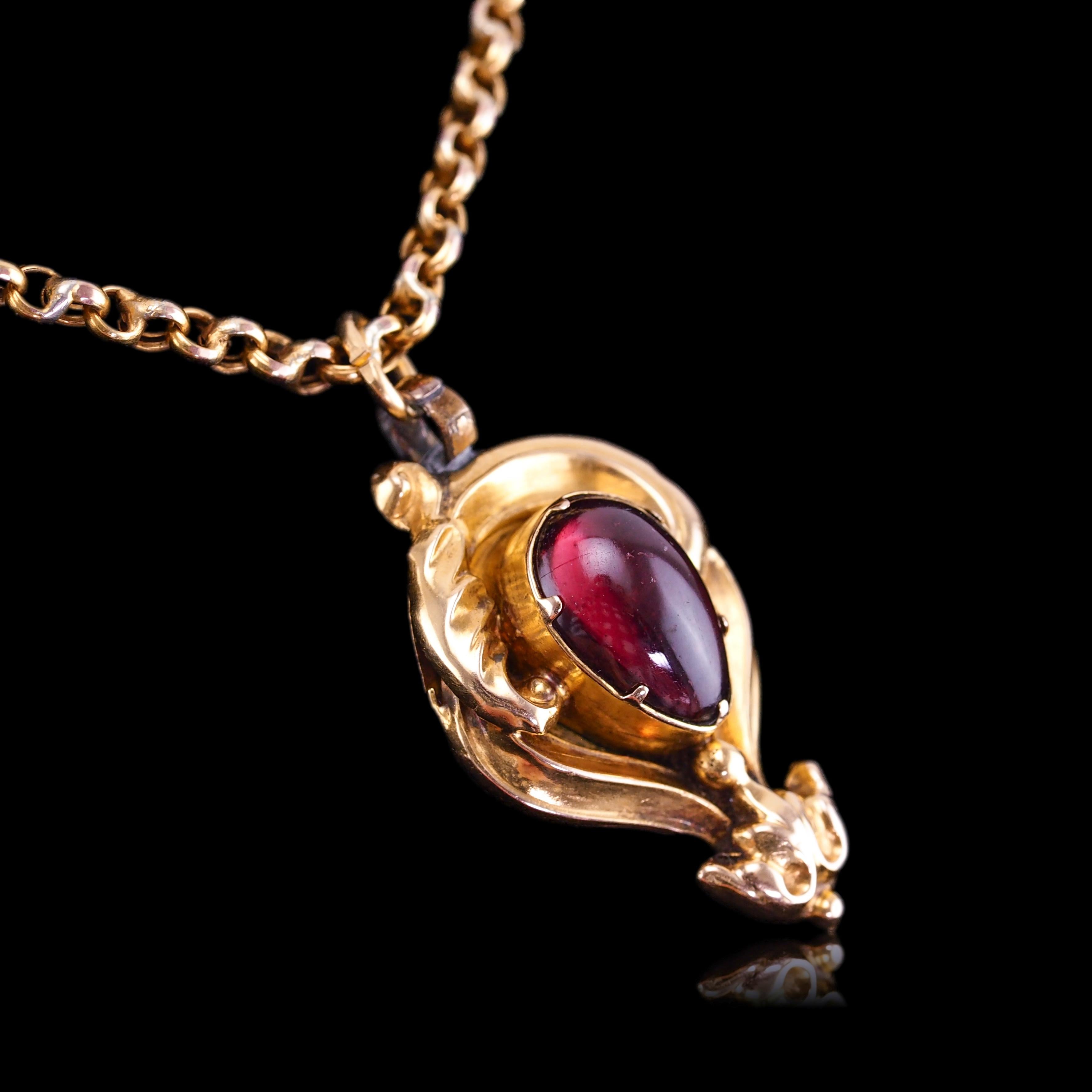 Antike viktorianische Halskette mit Anhänger aus 18 Karat Gold mit Granat-Cabochon-Anhänger - um 1840 7