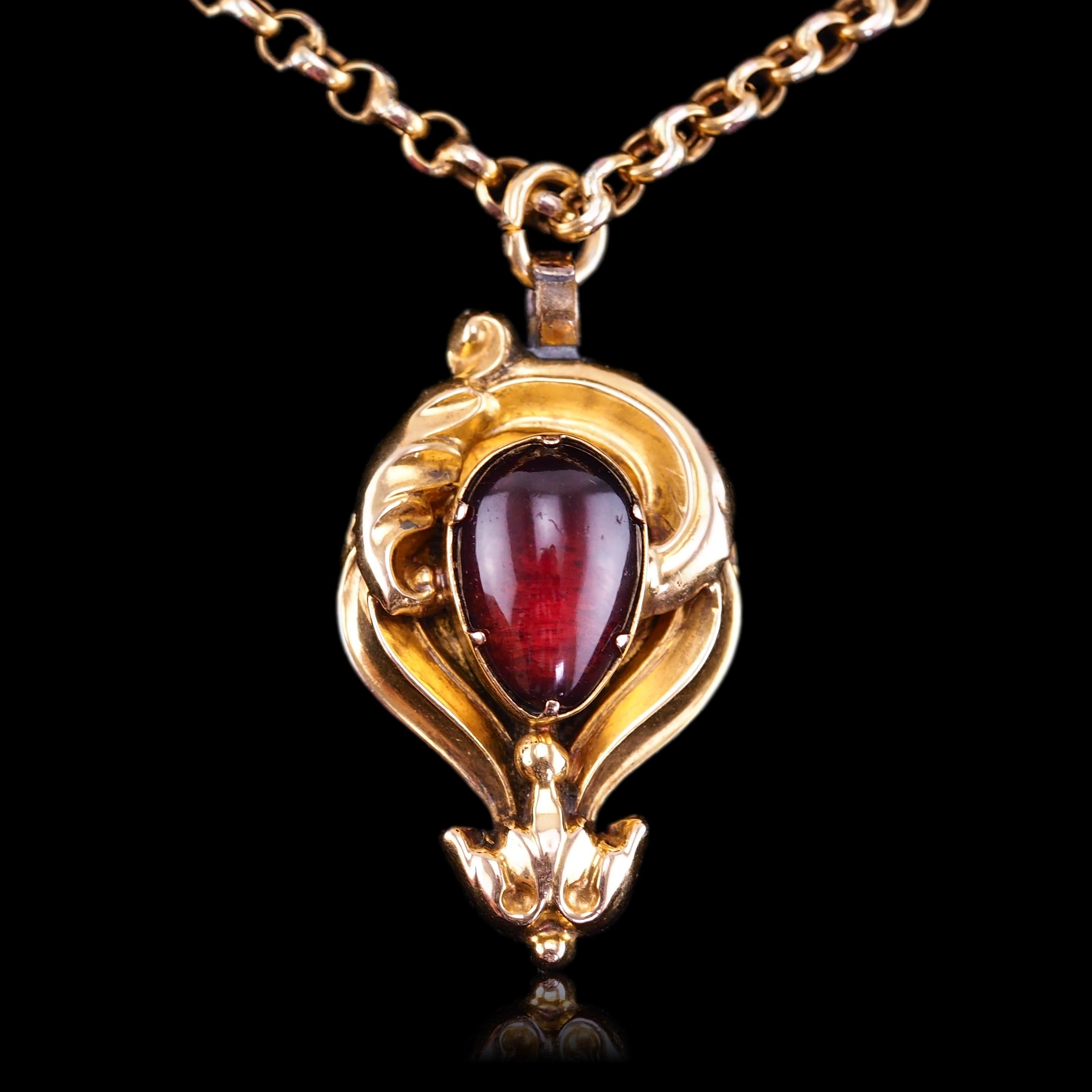 Antike viktorianische Halskette mit Anhänger aus 18 Karat Gold mit Granat-Cabochon-Anhänger - um 1840 5