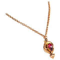 Antike viktorianische Halskette mit Anhänger aus 18 Karat Gold mit Granat-Cabochon-Anhänger - um 1840