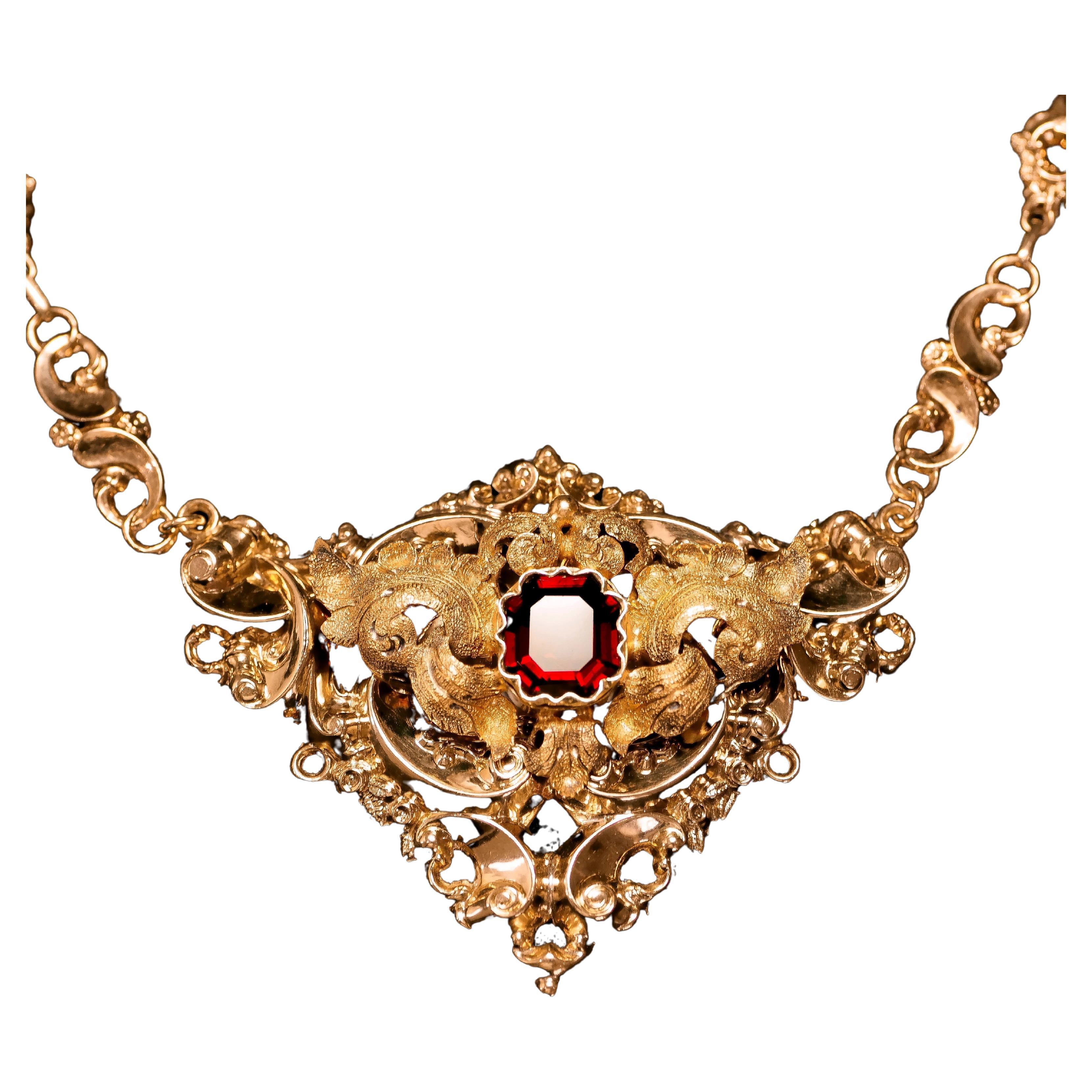 Antique Victorian 18K Gold Garnet Necklace in Baroque Revival Style, c.1840