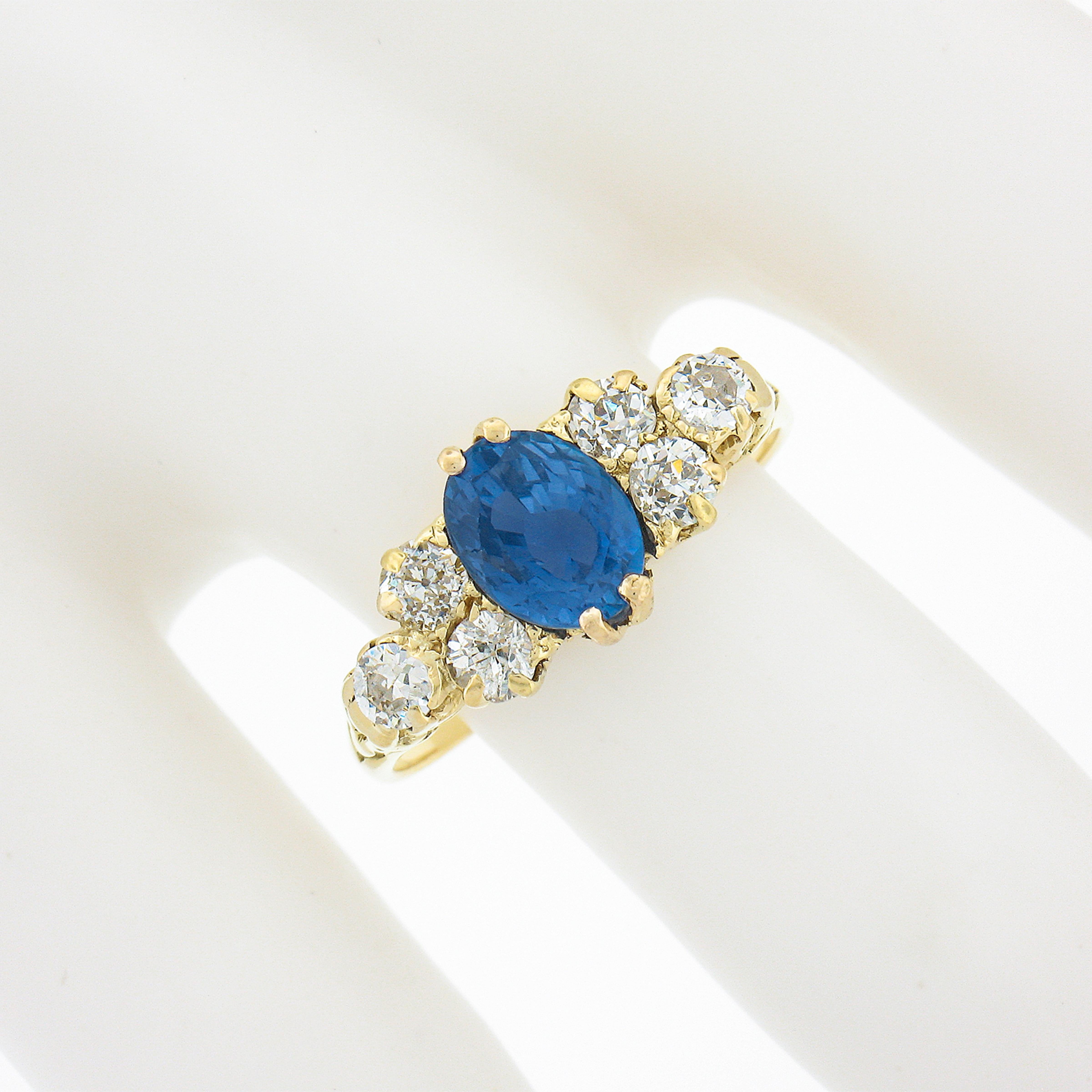 Antique Victorian 18K Gold GIA NO HEAT Burma Sapphire Diamond Cluster Band Ring In Good Condition In Montclair, NJ