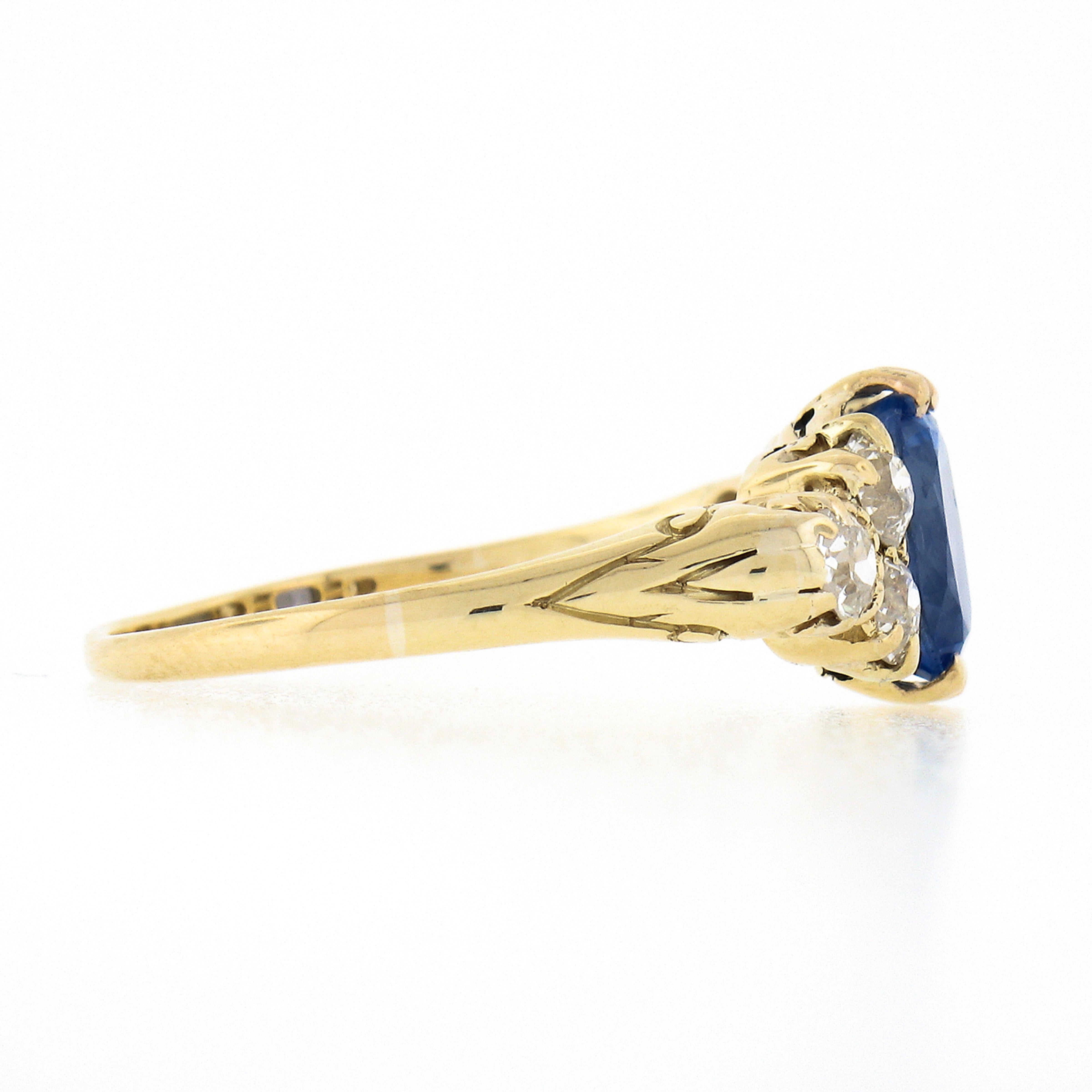 Women's Antique Victorian 18K Gold GIA NO HEAT Burma Sapphire Diamond Cluster Band Ring