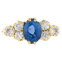 Antique Victorian 18K Gold GIA NO HEAT Burma Sapphire Diamond Cluster Band Ring