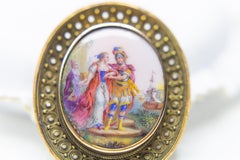Victorian 18 Karat Gold Hand Painted Enamel Brooch/Pendant with Etruscan Grace