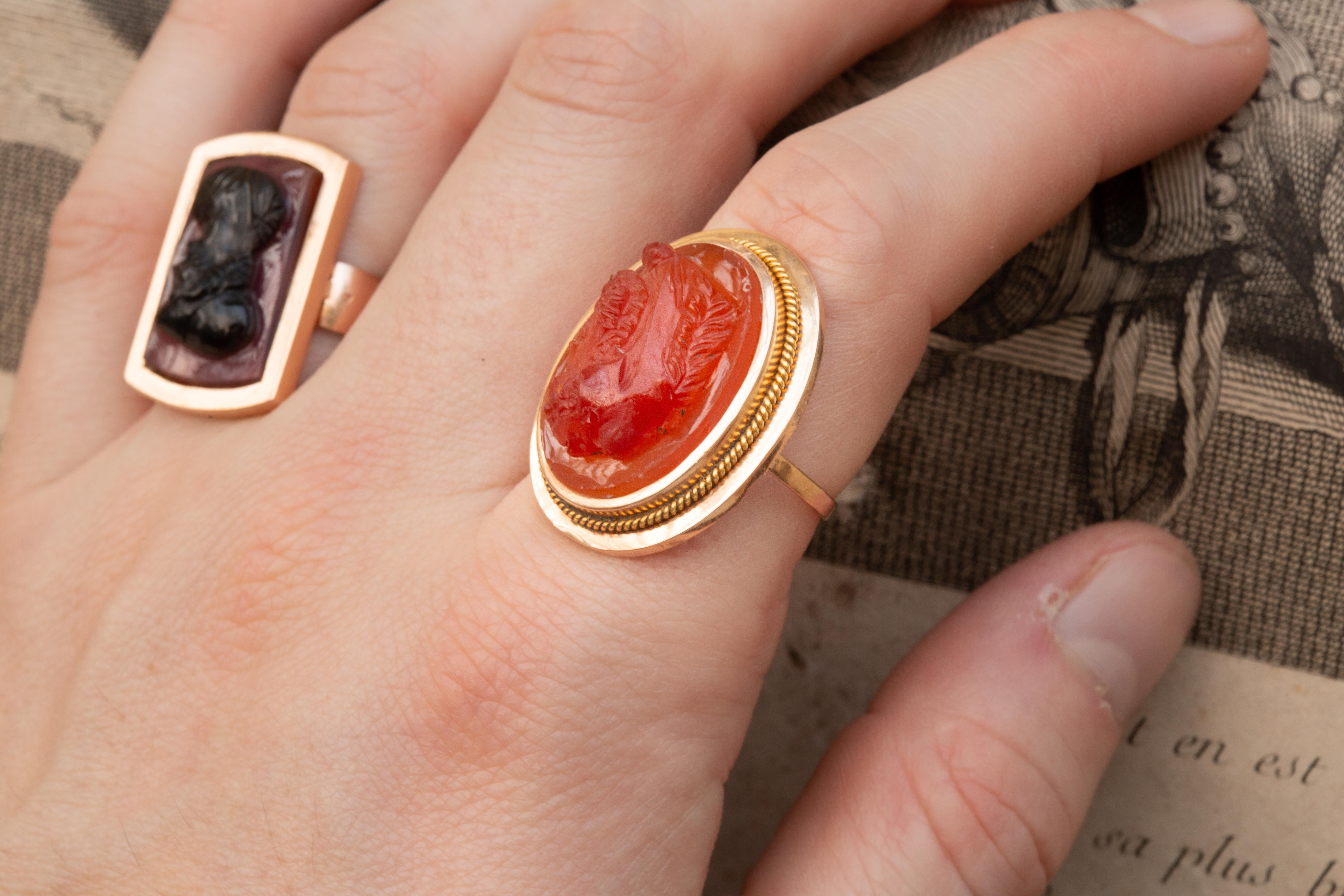 Antique Victorian 18k Gold Hardstone Agate Intaglio Cameo Ring Bust of Hercules 6