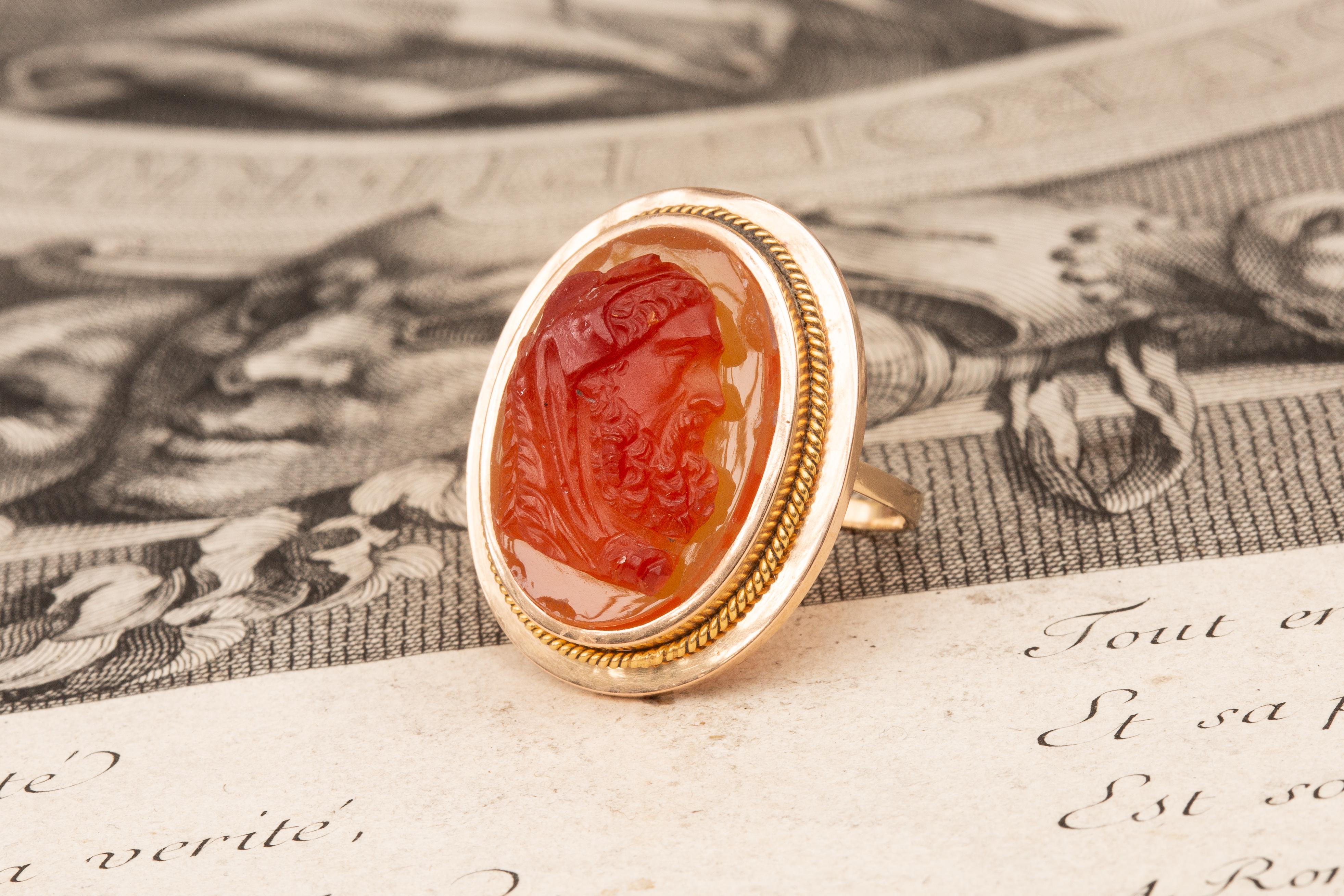 High Victorian Antique Victorian 18k Gold Hardstone Agate Intaglio Cameo Ring Bust of Hercules