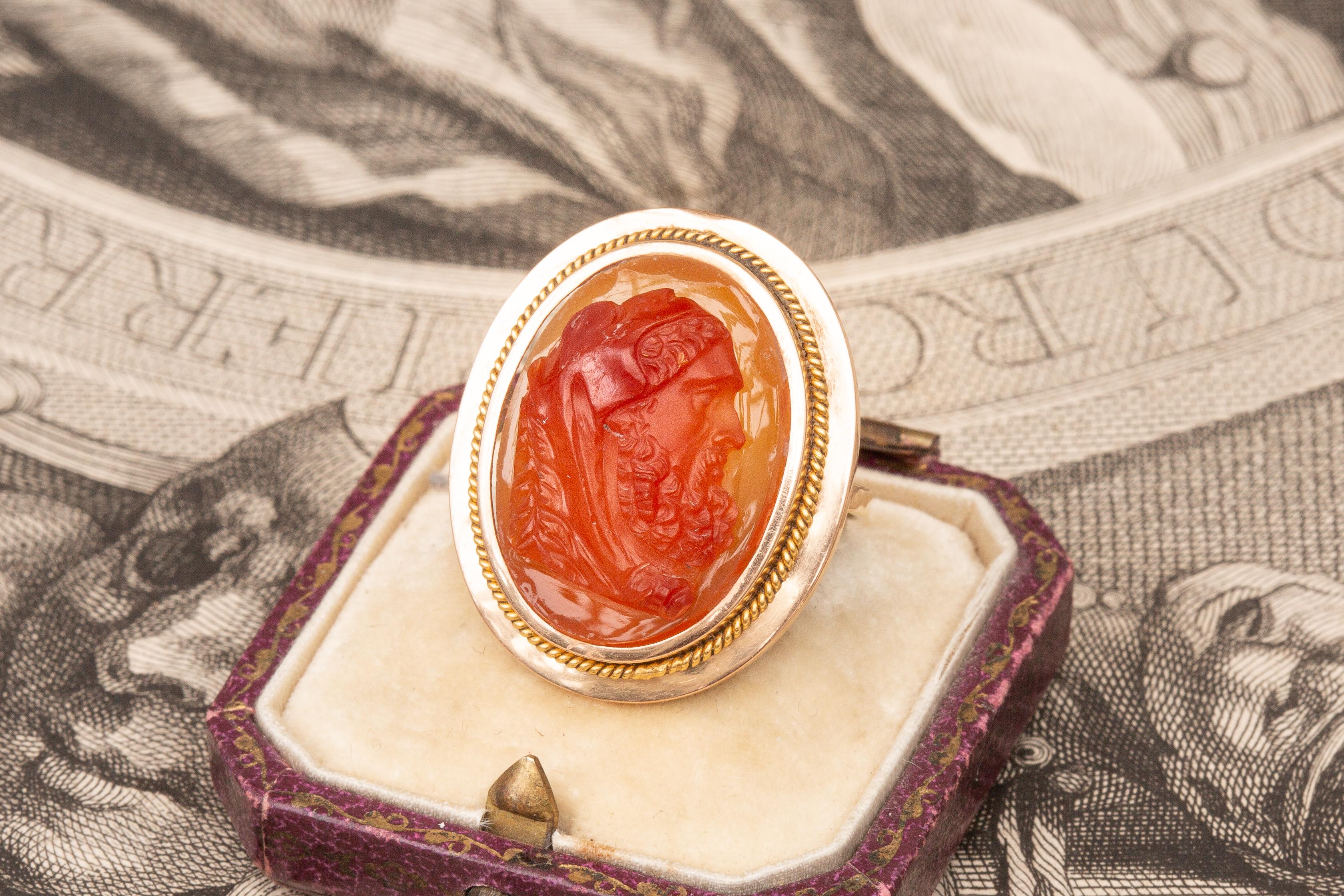 Women's or Men's Antique Victorian 18k Gold Hardstone Agate Intaglio Cameo Ring Bust of Hercules