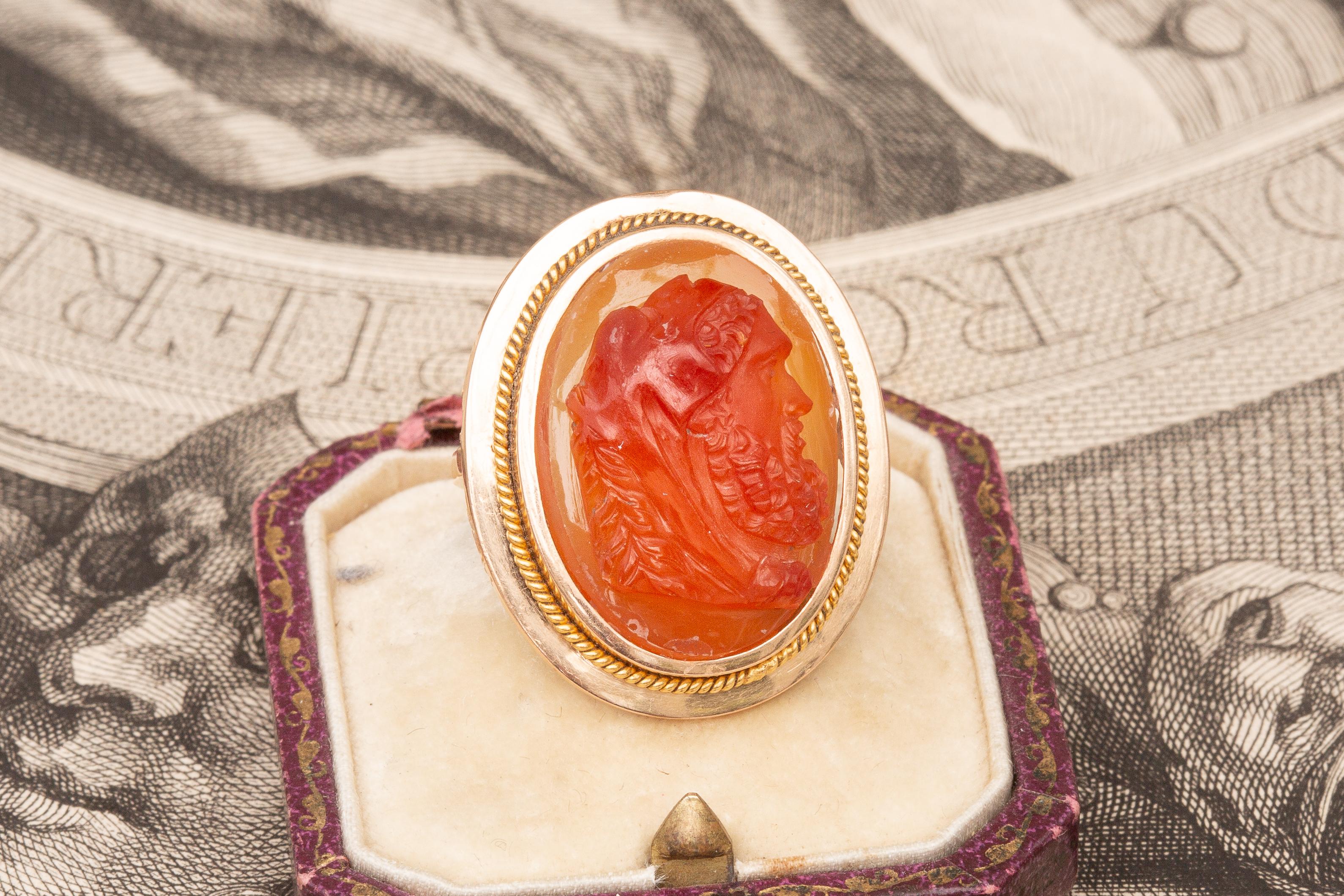 Antique Victorian 18k Gold Hardstone Agate Intaglio Cameo Ring Bust of Hercules 1