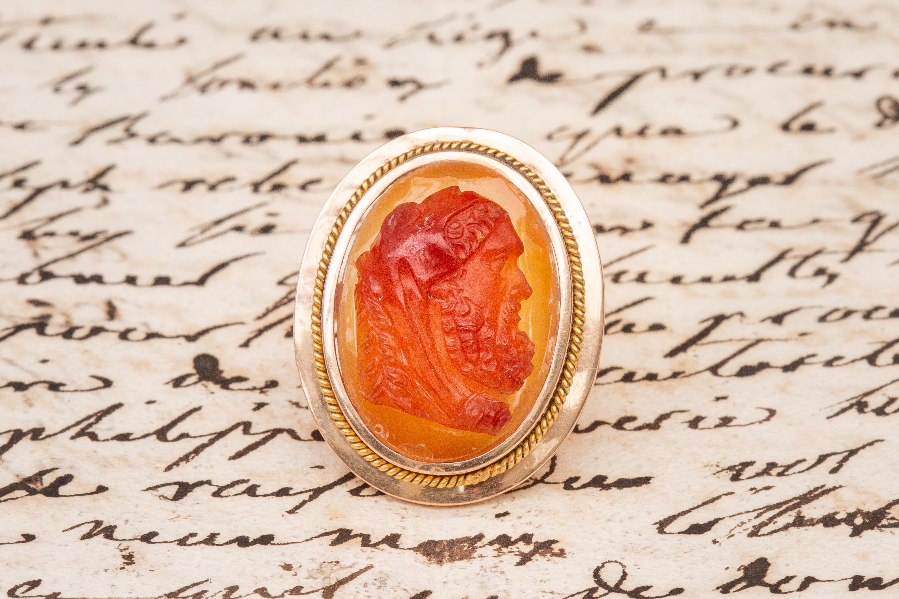Antique Victorian 18k Gold Hardstone Agate Intaglio Cameo Ring Bust of Hercules 3