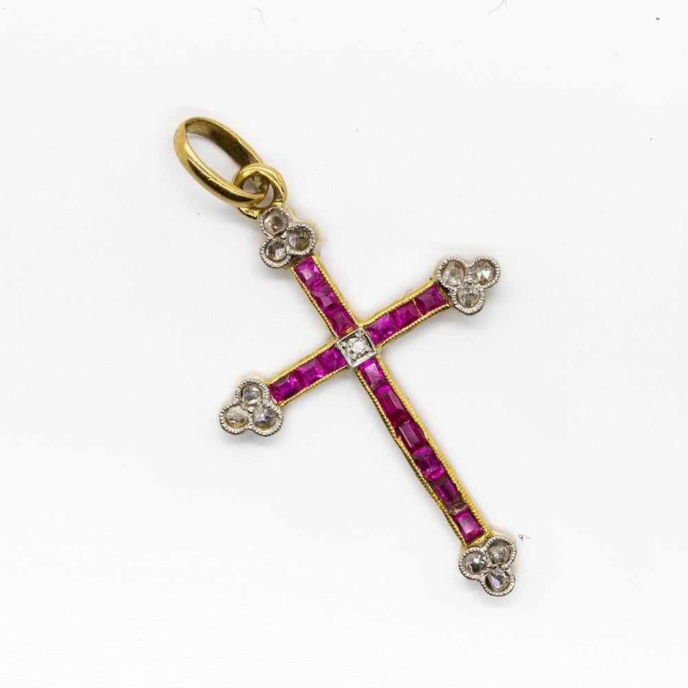 Rose Cut Antique Victorian 18 Karat Gold Natural Rubies and Diamonds Cross For Sale