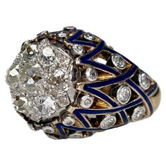 Antique Victorian 18K Gold 1.96ct Old Cut Diamond Blue Enamel Dome Ring