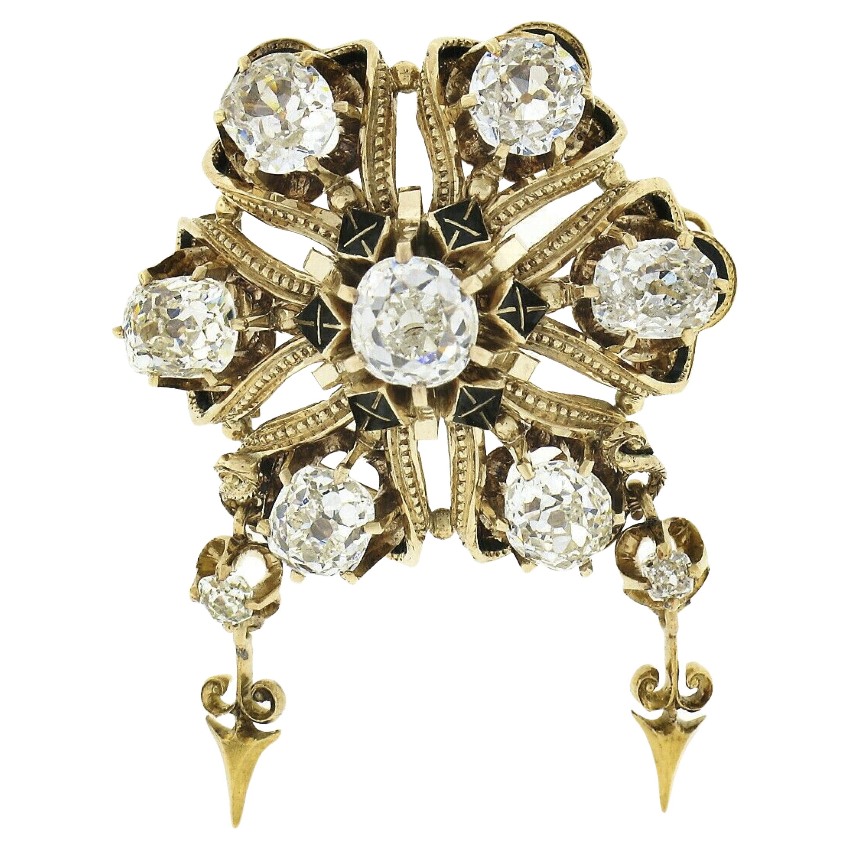 Broche grappe victorienne ancienne en or 18 carats avec diamants taille vieille mine et émail noir
