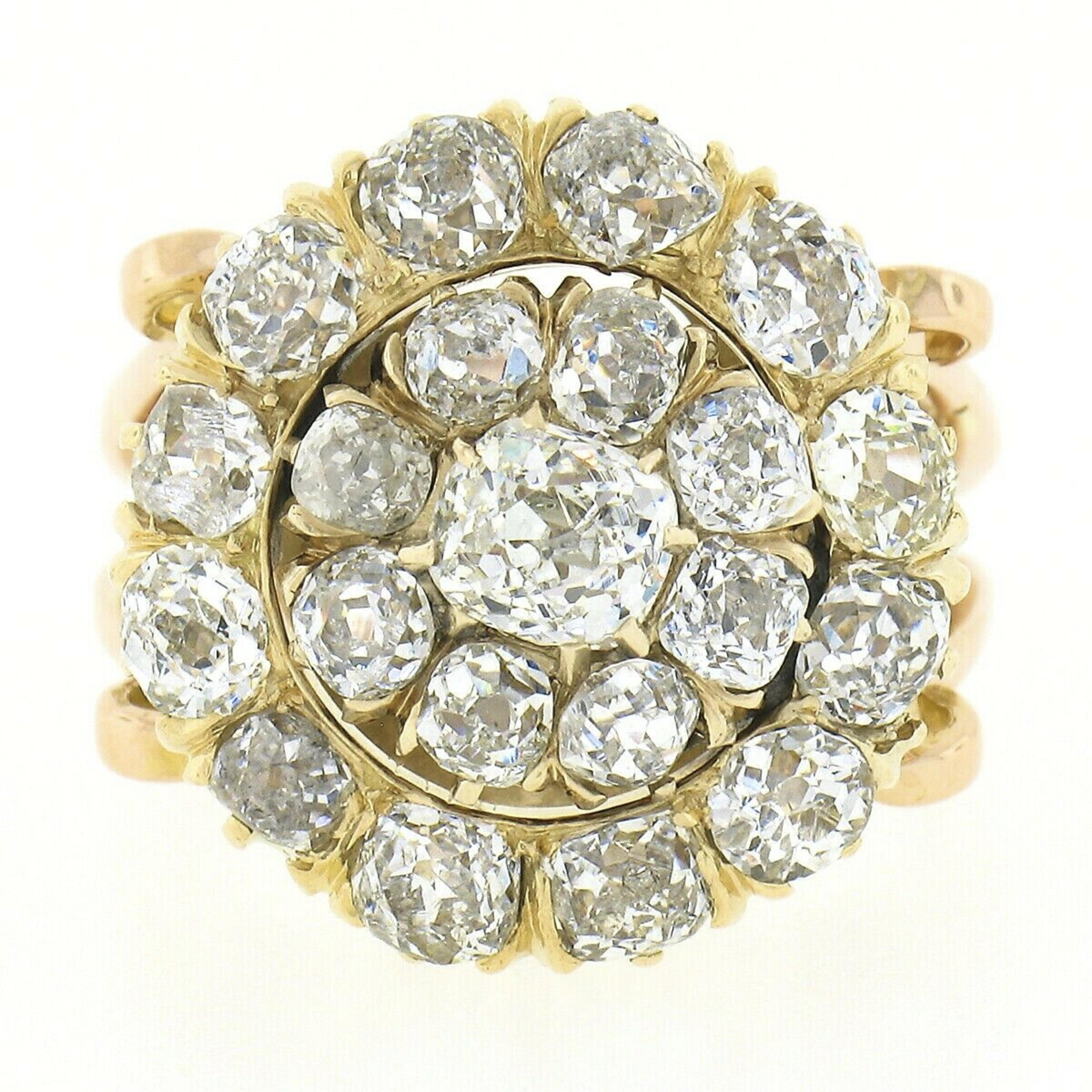 Antique Victorian 18k Gold Old Mine Cut Diamond Cluster Cocktail Platter Ring In Good Condition In Montclair, NJ