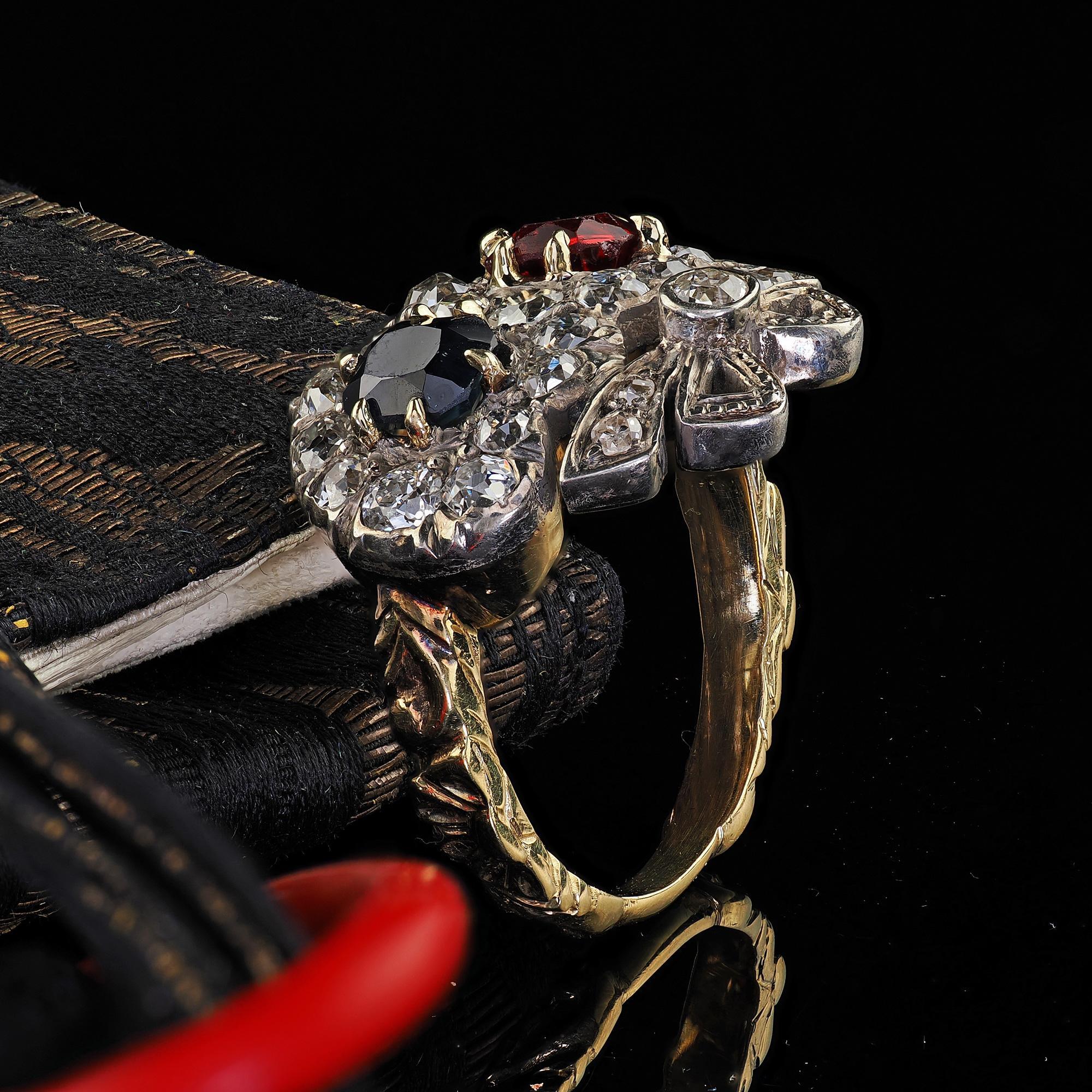 Old Mine Cut Antique Victorian 18K Gold Old Mine Diamond Ruby Sapphire Double Heart Ring For Sale