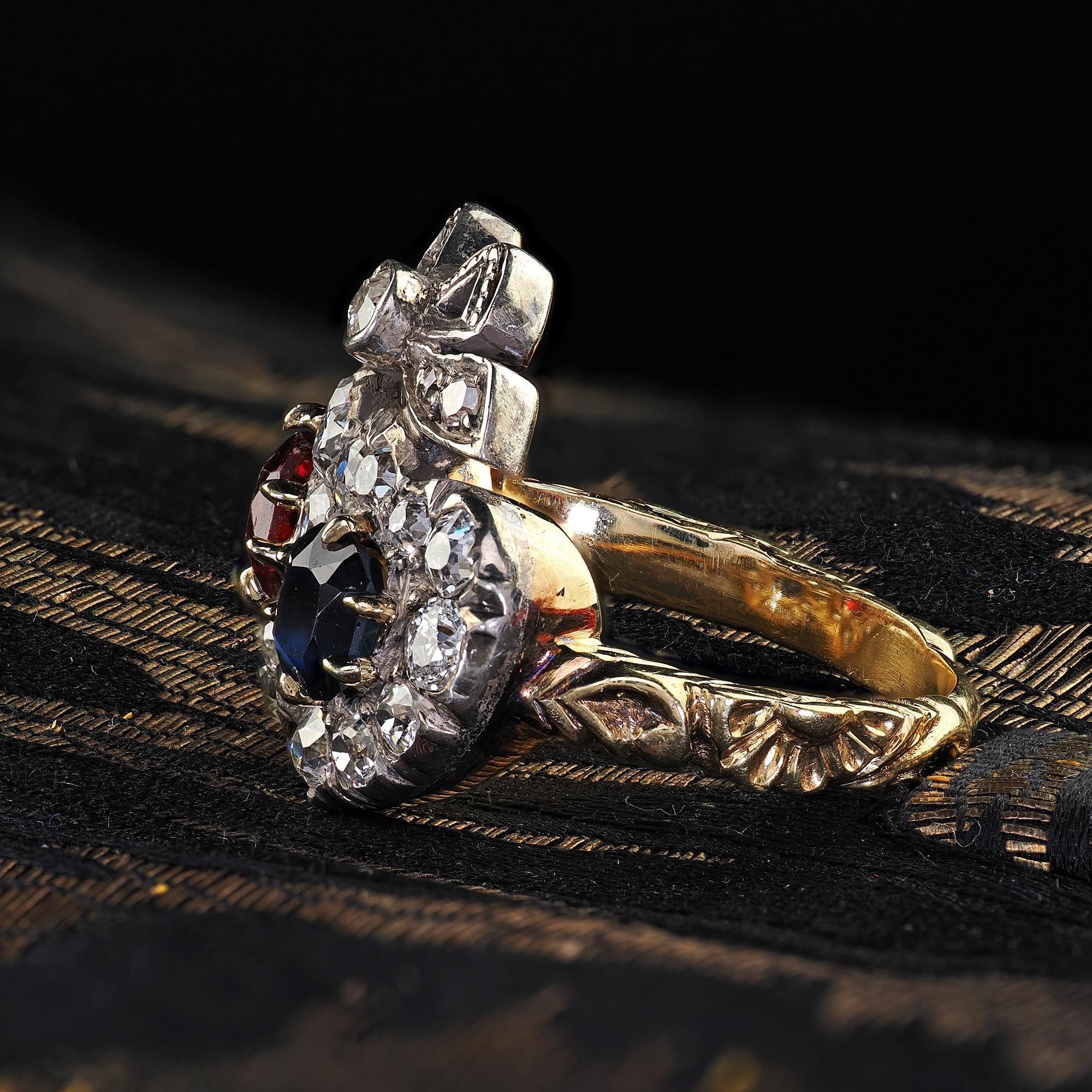 Women's Antique Victorian 18K Gold Old Mine Diamond Ruby Sapphire Double Heart Ring For Sale