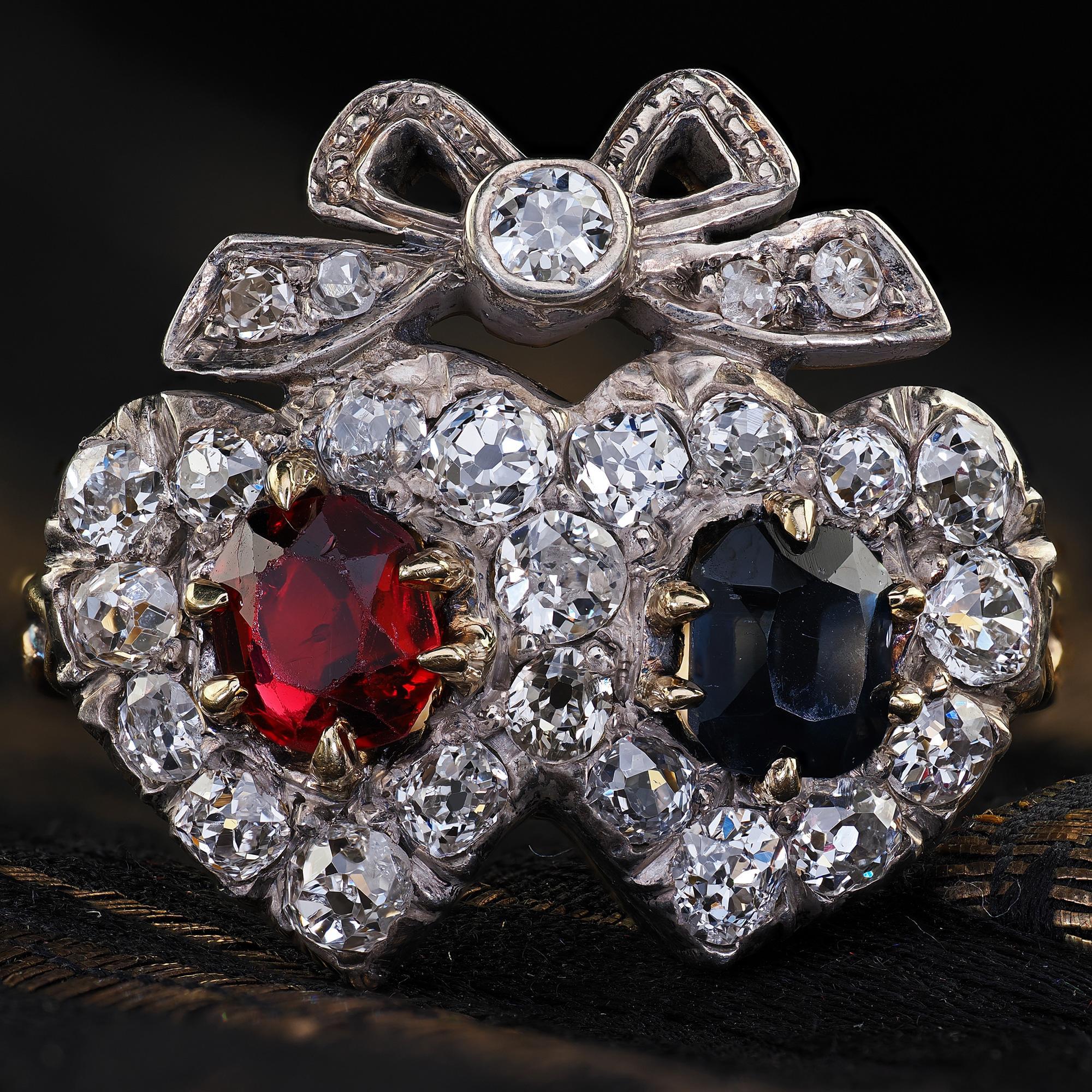 Antique Victorian 18K Gold Old Mine Diamond Ruby Sapphire Double Heart Ring For Sale 1