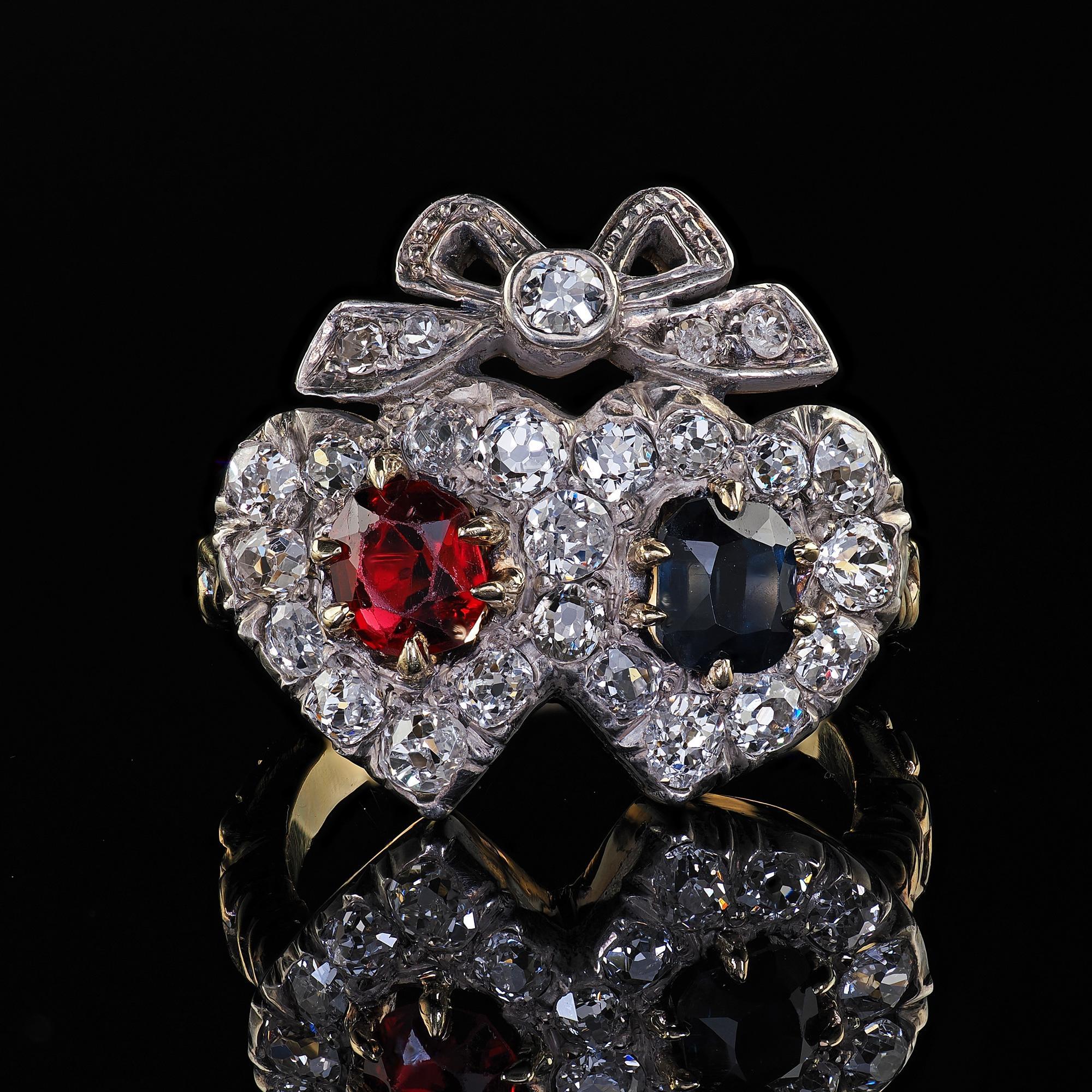 Antique Victorian 18K Gold Old Mine Diamond Ruby Sapphire Double Heart Ring For Sale 2
