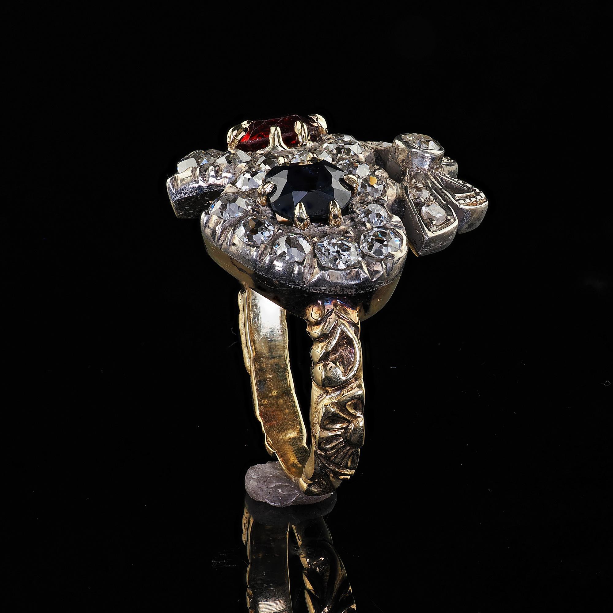 Antique Victorian 18K Gold Old Mine Diamond Ruby Sapphire Double Heart Ring For Sale 4