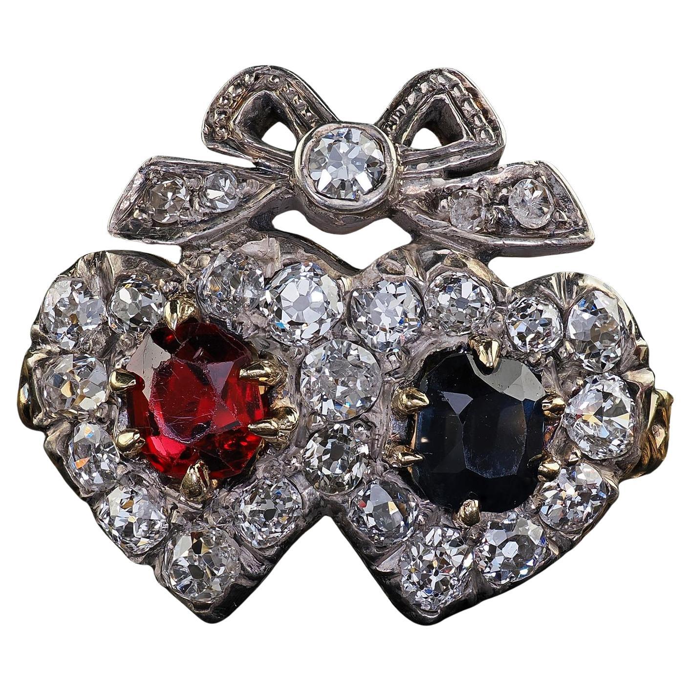Antique Victorian 18K Gold Old Mine Diamond Ruby Sapphire Double Heart Ring