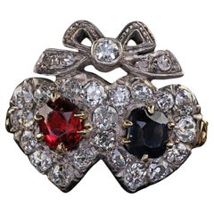 Antique Victorian 18K Gold Old Mine Diamond Ruby Sapphire Double Heart Ring