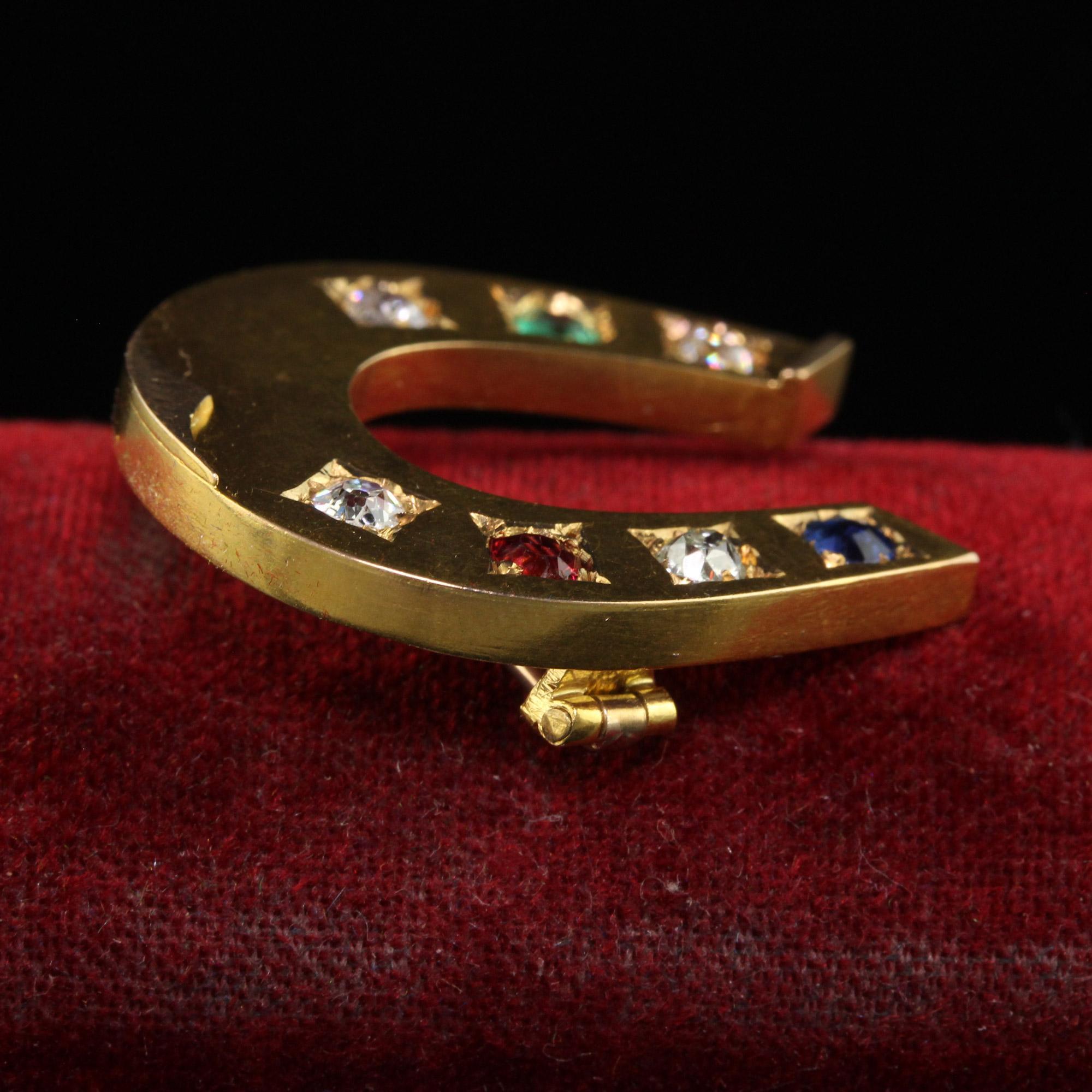 Old Mine Cut Antique Victorian 18K Gold Old Mine Diamond Ruby Sapphire Emerald Horseshoe Pin