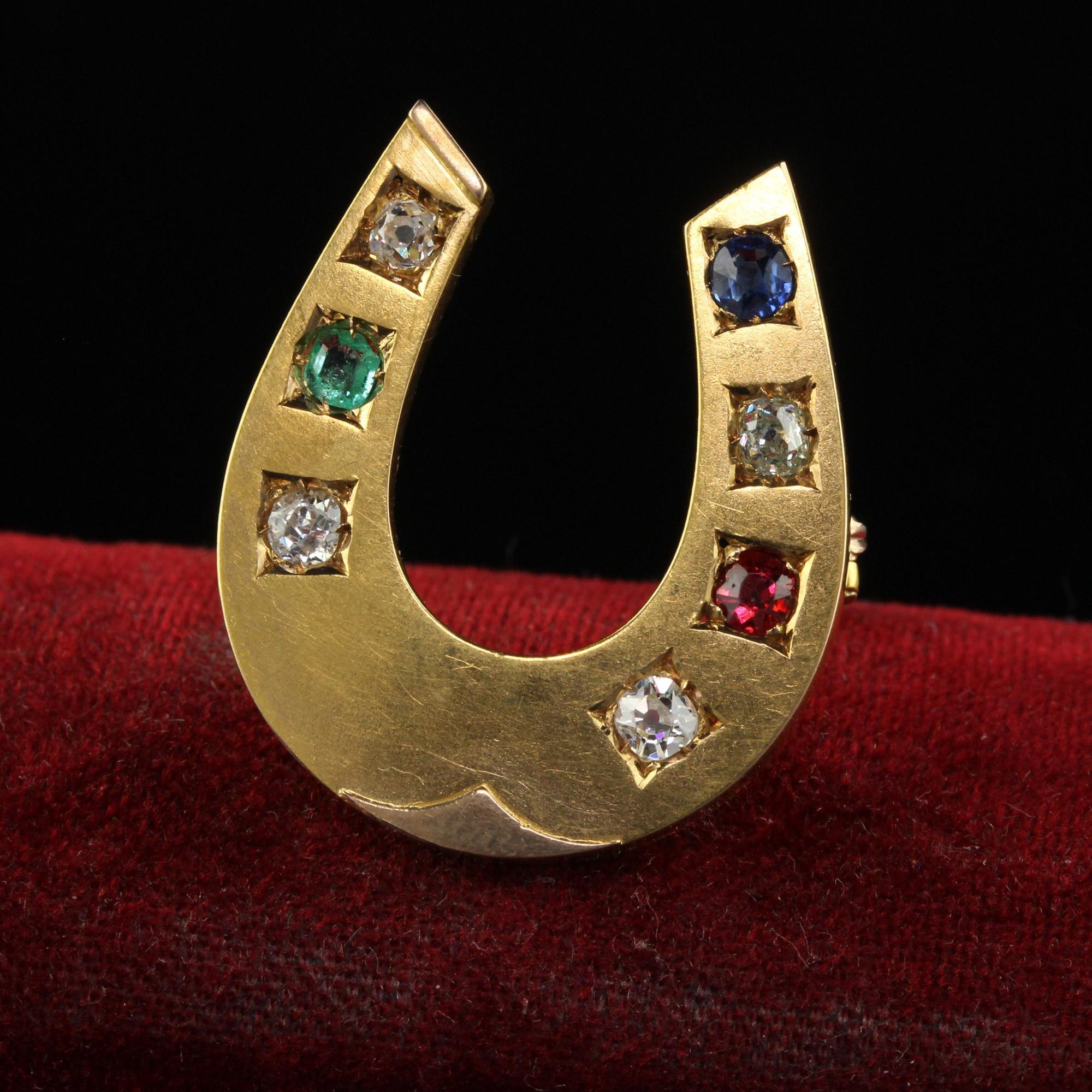 Antique Victorian 18K Gold Old Mine Diamond Ruby Sapphire Emerald Horseshoe Pin In Good Condition In Great Neck, NY