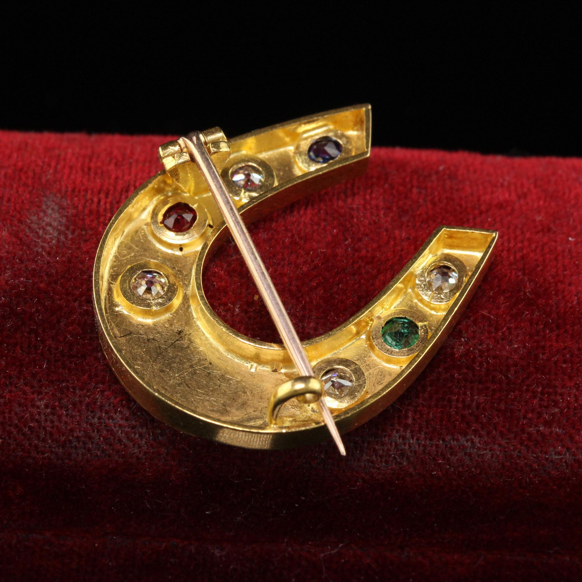 Women's Antique Victorian 18K Gold Old Mine Diamond Ruby Sapphire Emerald Horseshoe Pin