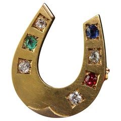 Antique Victorian 18K Gold Old Mine Diamond Ruby Sapphire Emerald Horseshoe Pin