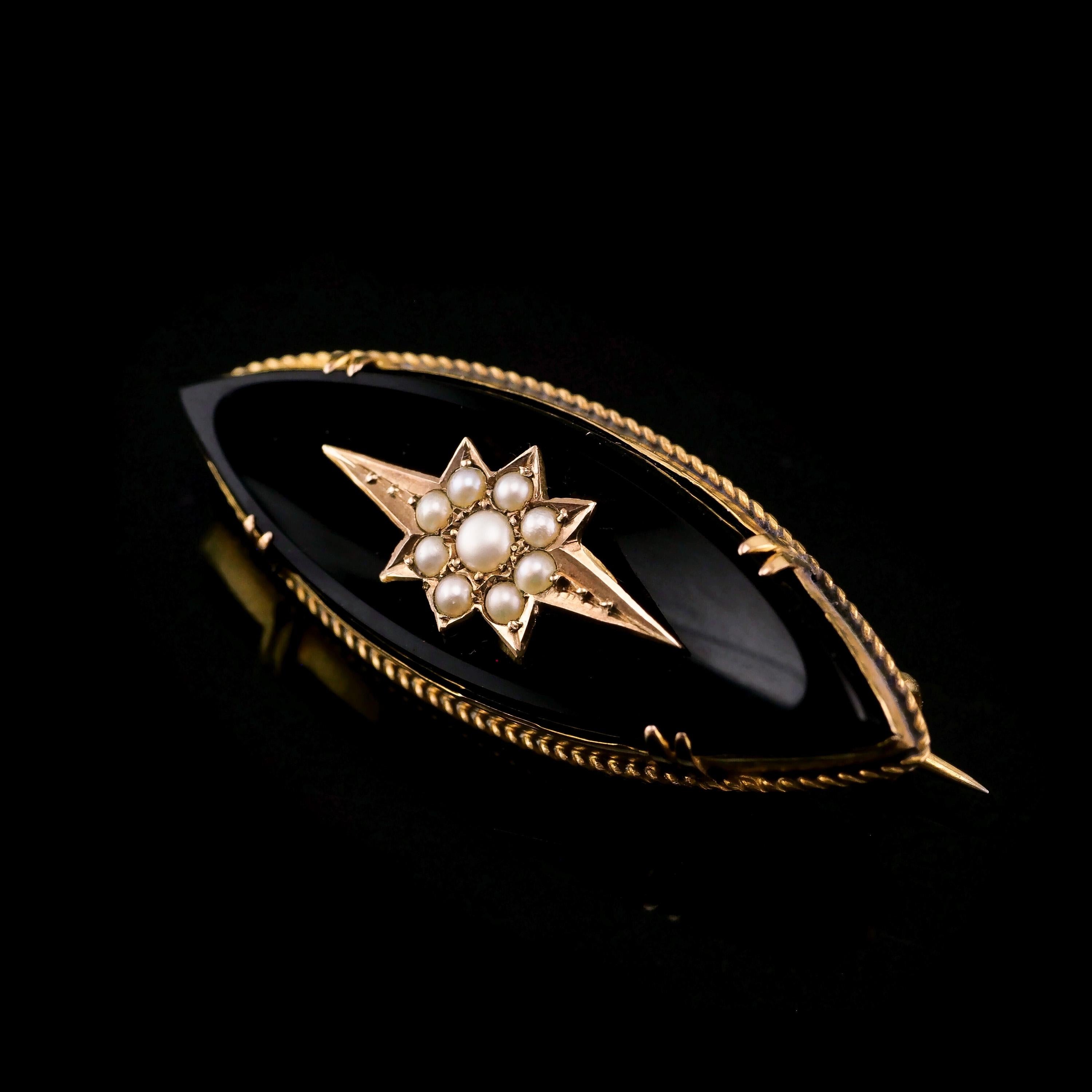 Antique Victorian 18k Gold Onyx & Pearl Star Brooch, circa 1890 For Sale 6