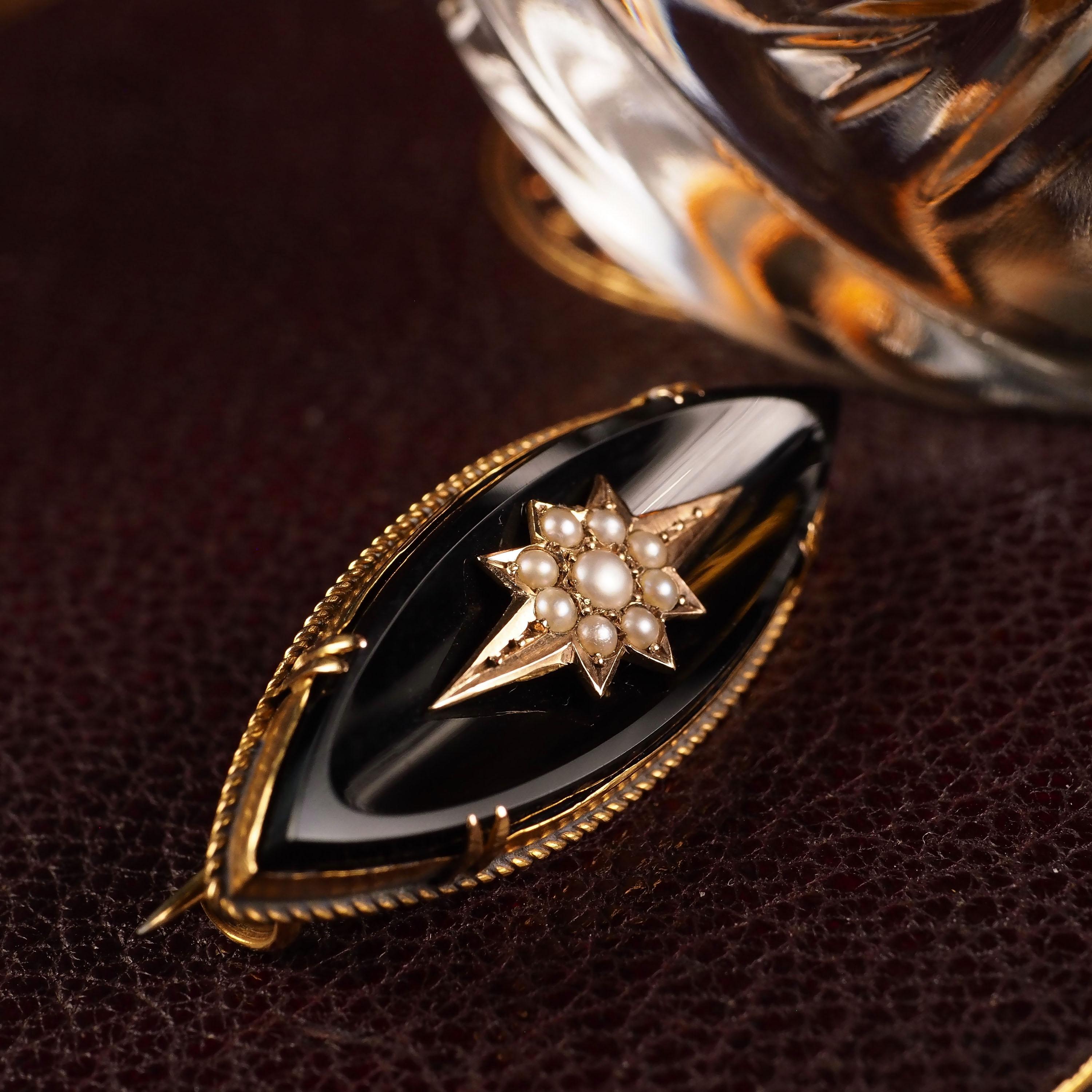 Antique Victorian 18k Gold Onyx & Pearl Star Brooch, circa 1890 For Sale 3