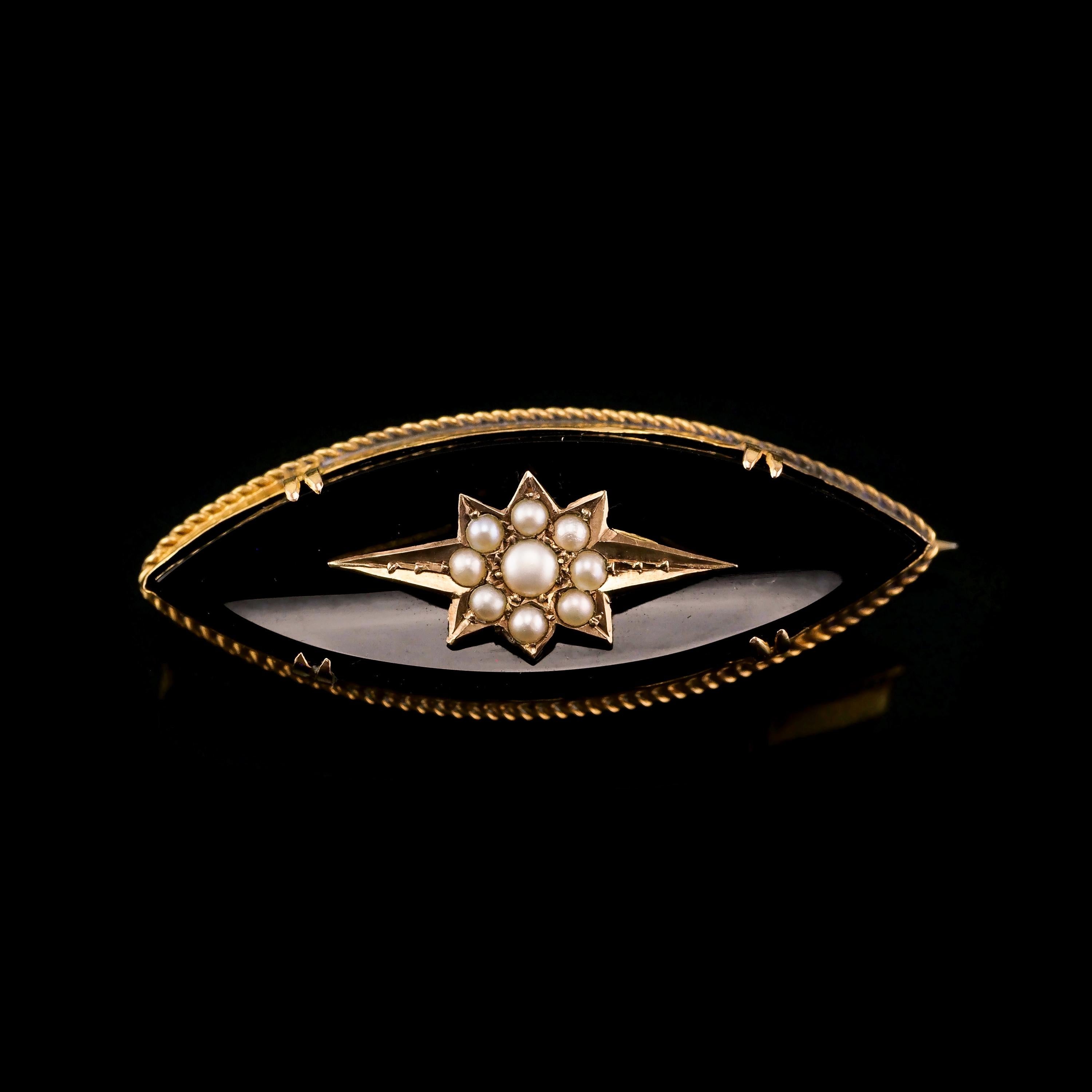 Antique Victorian 18k Gold Onyx & Pearl Star Brooch, circa 1890 For Sale 4