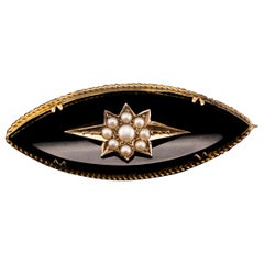 Antique Victorian 18k Gold Onyx & Pearl Star Brooch, circa 1890