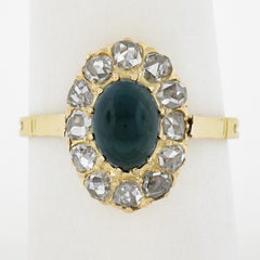 Antique Victorian 18k Gold Oval Cabochon Sapphire Old Rose Cut Diamond Halo Ring