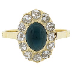 Antike viktorianische 18k Gold Oval Cabochon Saphir Alt Rose Cut Diamond Halo Ring