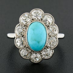 Antique Victorian 18k Gold Oval Cabochon Turquoise W/ Mine Cut Diamond Halo Ring
