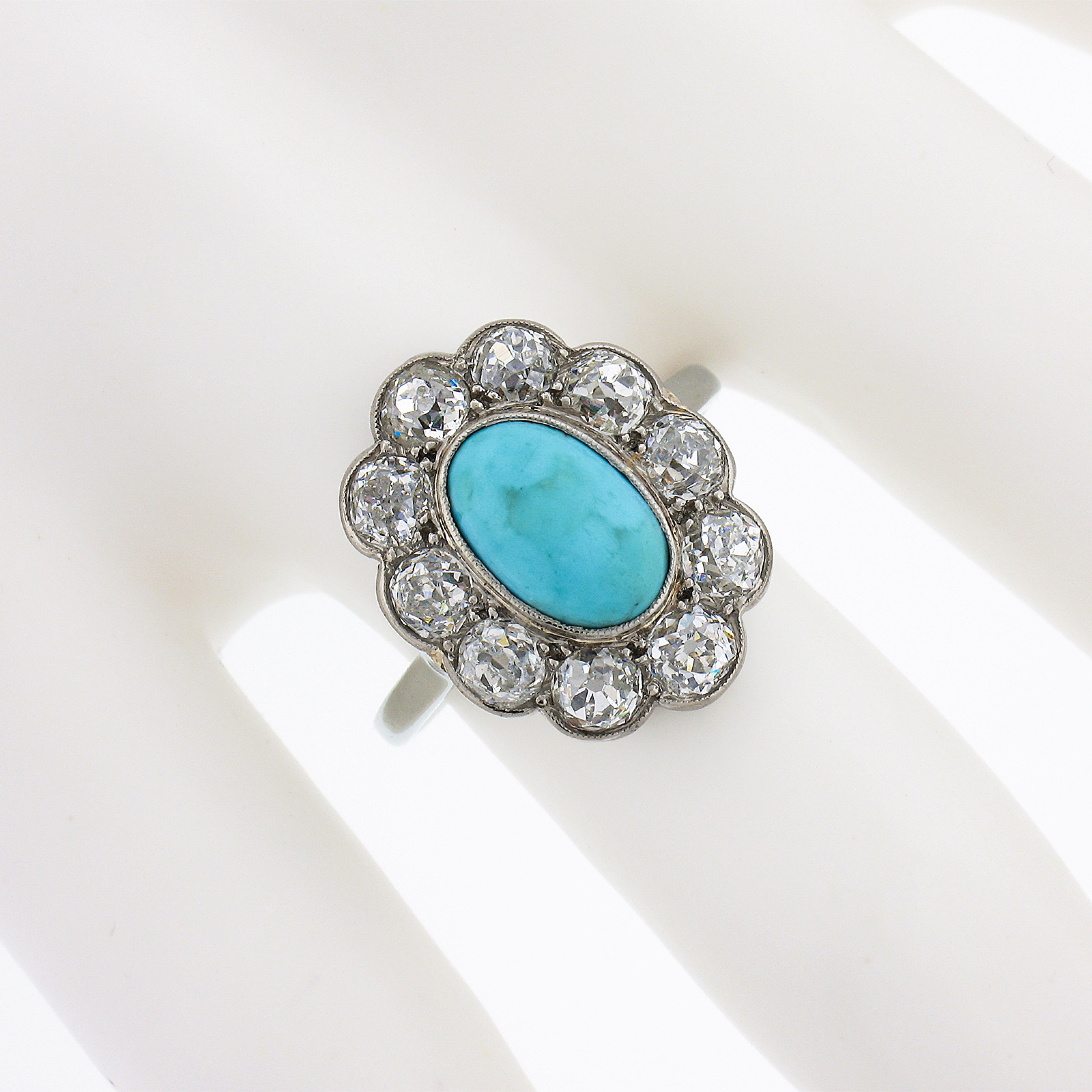 Oval Cut Antique Victorian 18k Gold Oval Cabochon Turquoise W/ Mine Cut Diamond Halo Ring For Sale