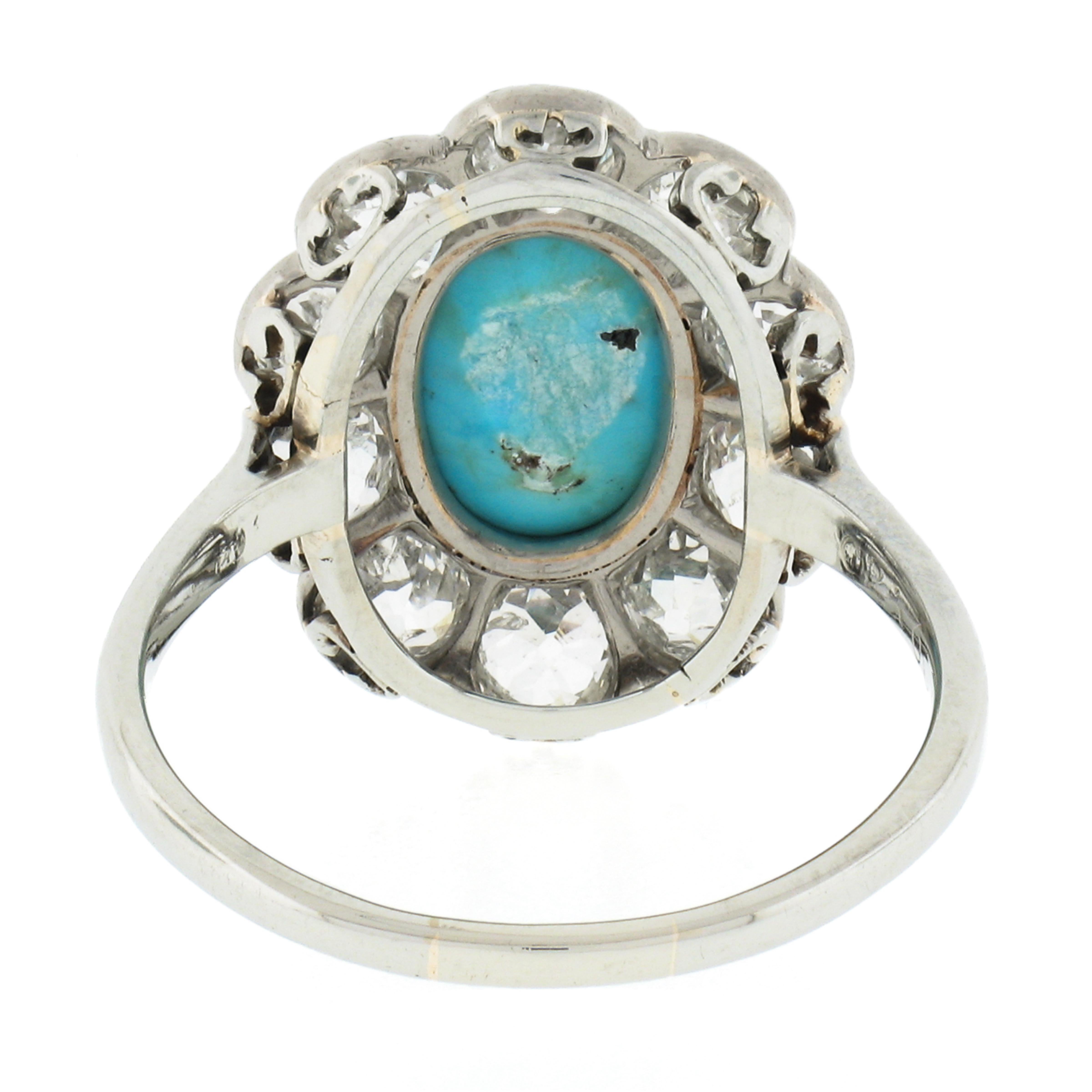 Antique Victorian 18k Gold Oval Cabochon Turquoise W/ Mine Cut Diamond Halo Ring For Sale 1