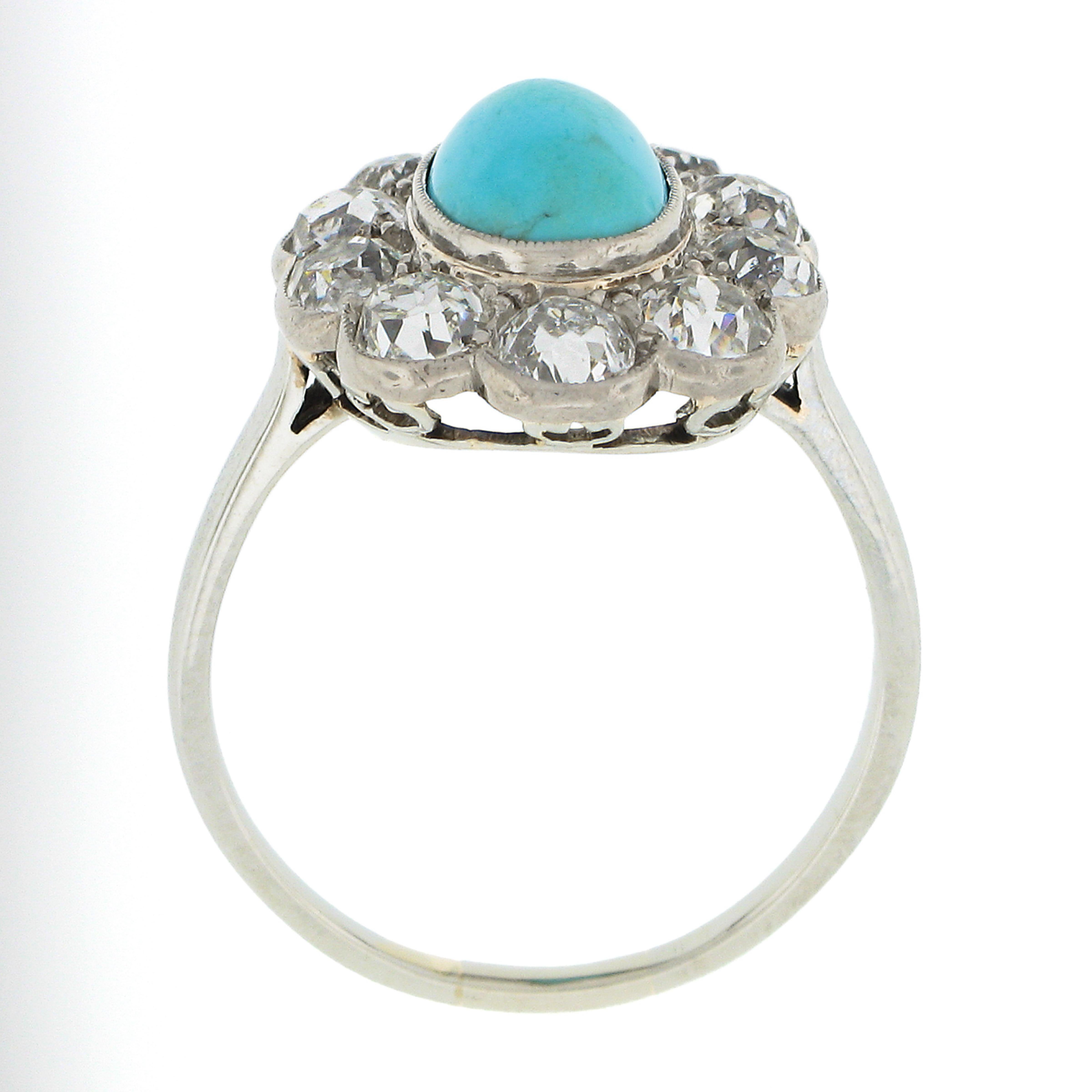 Antique Victorian 18k Gold Oval Cabochon Turquoise W/ Mine Cut Diamond Halo Ring For Sale 2