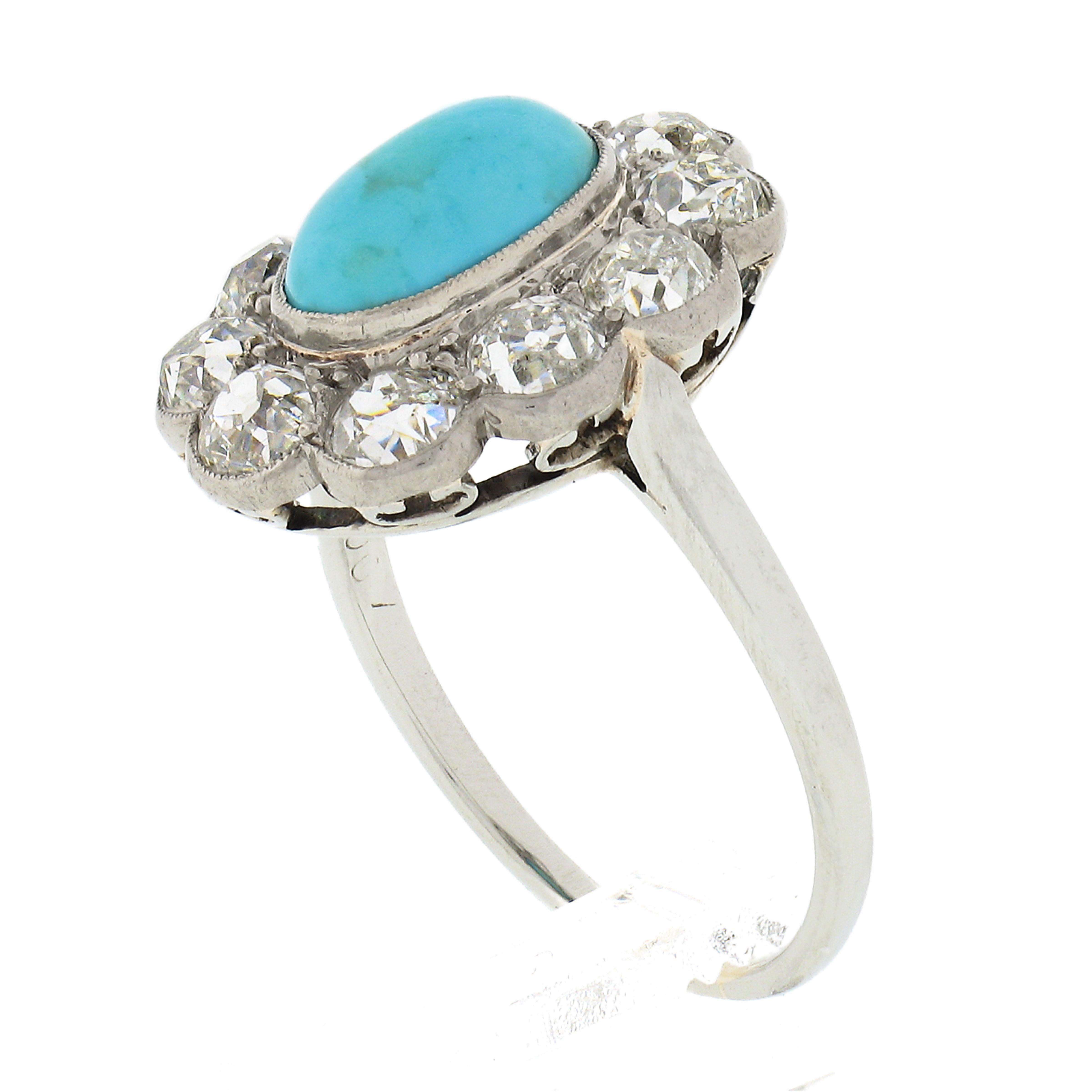 Antique Victorian 18k Gold Oval Cabochon Turquoise W/ Mine Cut Diamond Halo Ring For Sale 3