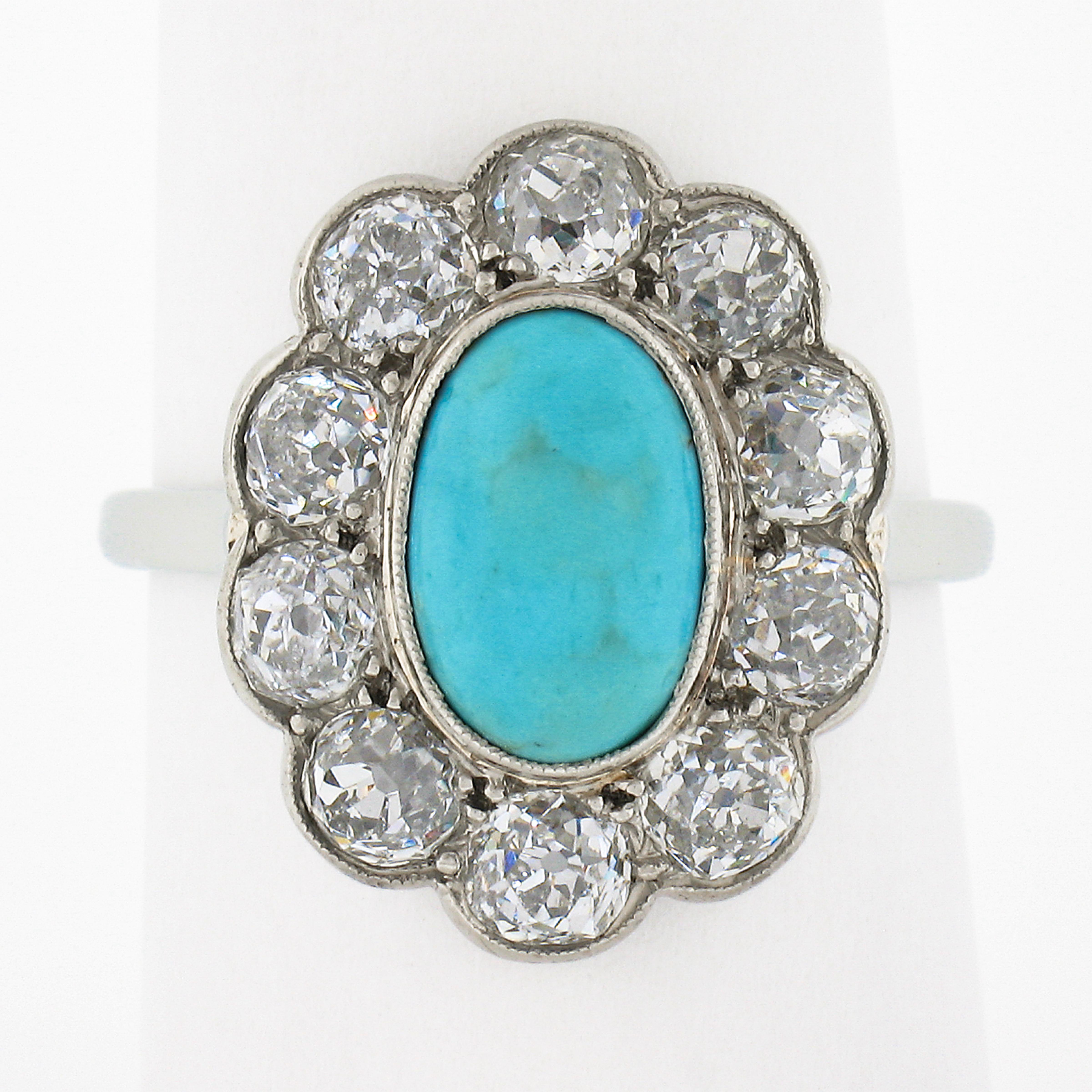Antique Victorian 18k Gold Oval Cabochon Turquoise W/ Mine Cut Diamond Halo Ring For Sale 4