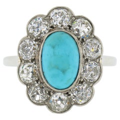 Antique Victorian 18k Gold Oval Cabochon Turquoise W/ Mine Cut Diamond Halo Ring