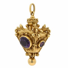 Antique Victorian 18k Gold Oval & Round Amethyst Detailed Lantern Fob Pendant