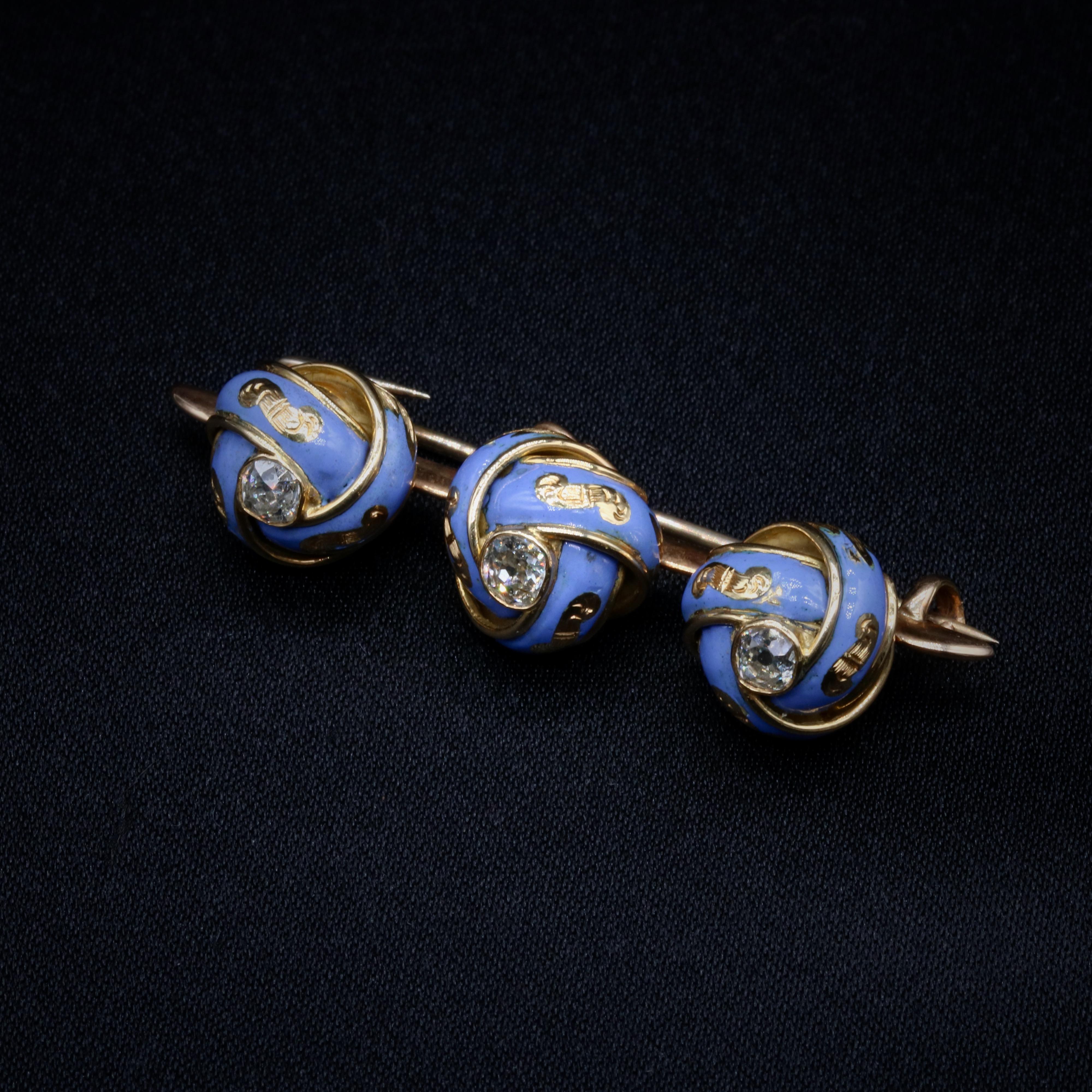 Old Mine Cut Antique Victorian 18K Gold Pale Blue Enamel & 1.09ct Old Cut Diamond Knot Brooch For Sale