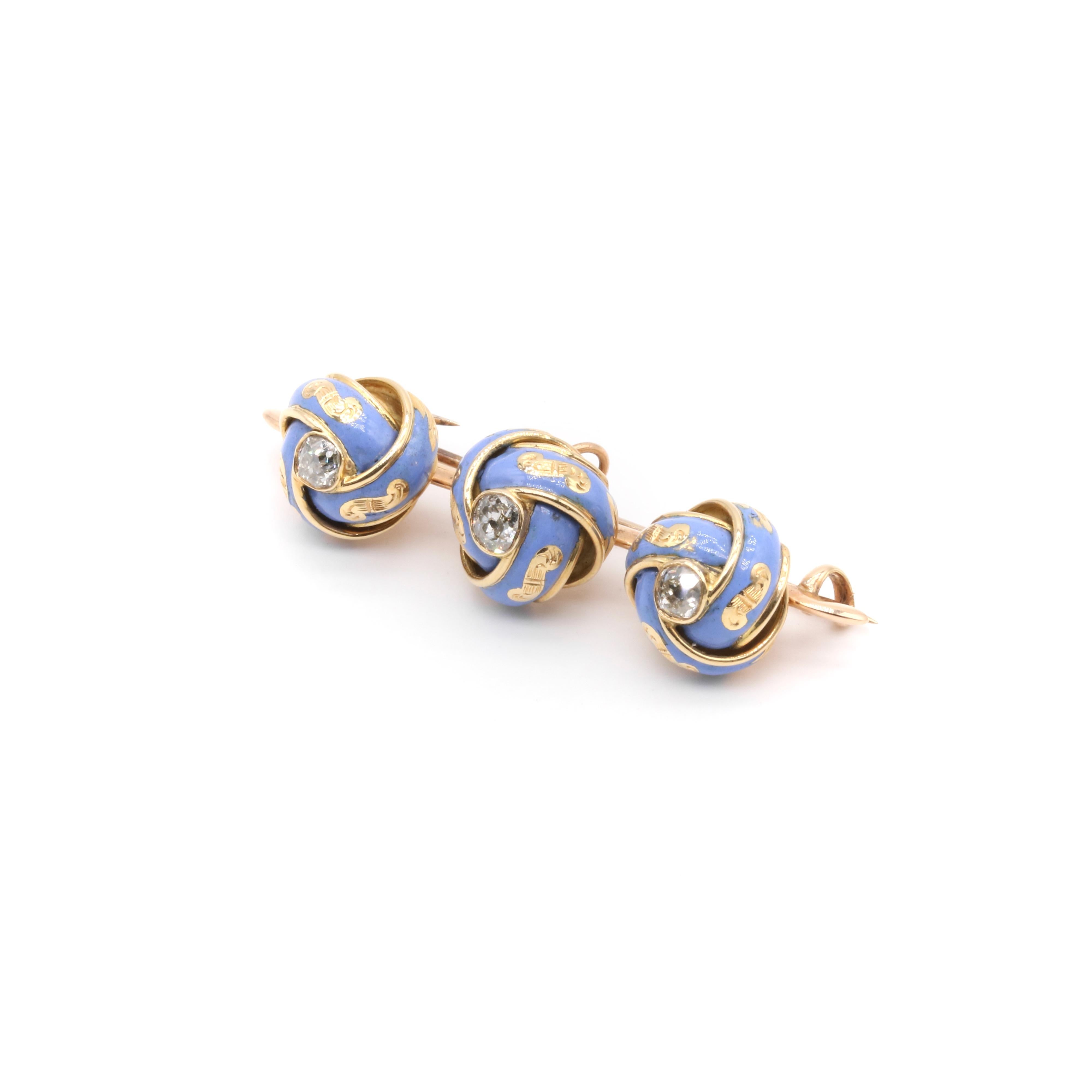 Antique Victorian 18K Gold Pale Blue Enamel & 1.09ct Old Cut Diamond Knot Brooch In Good Condition For Sale In Staines-Upon-Thames, GB