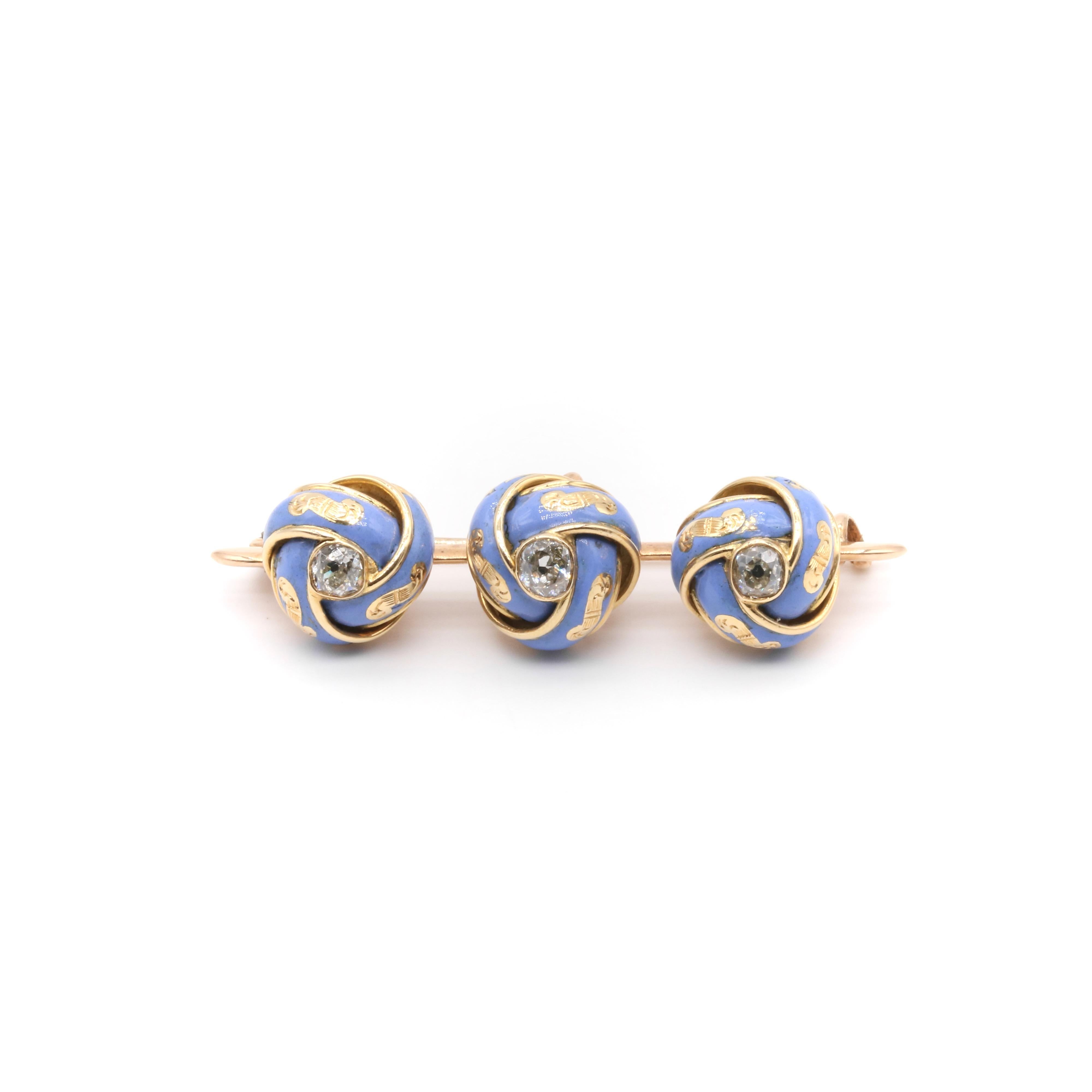 Women's or Men's Antique Victorian 18K Gold Pale Blue Enamel & 1.09ct Old Cut Diamond Knot Brooch For Sale