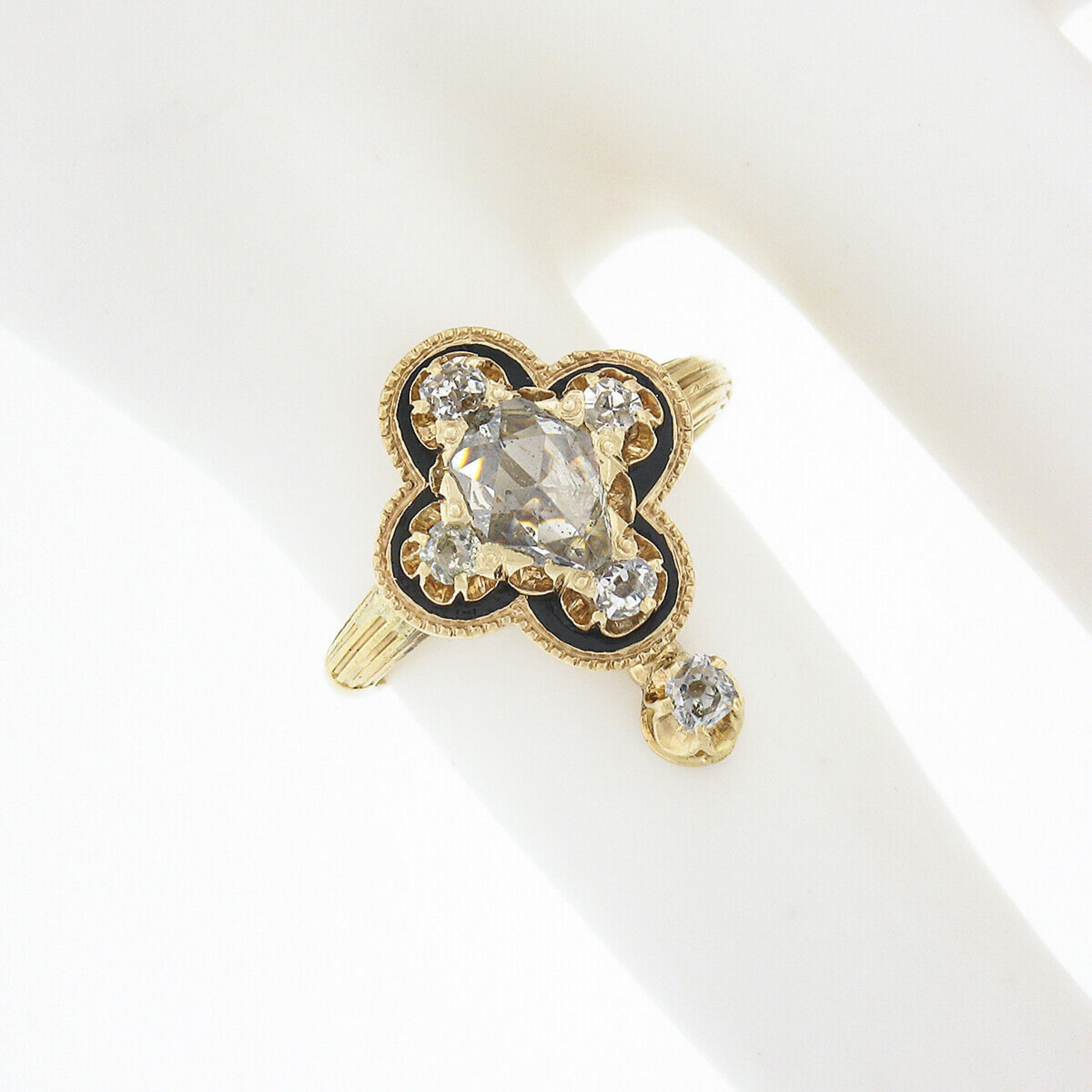 Pear Cut Antique Victorian 18k Gold Pear Rose Cut Diamond w/ Black Enamel Quatrefoil Ring
